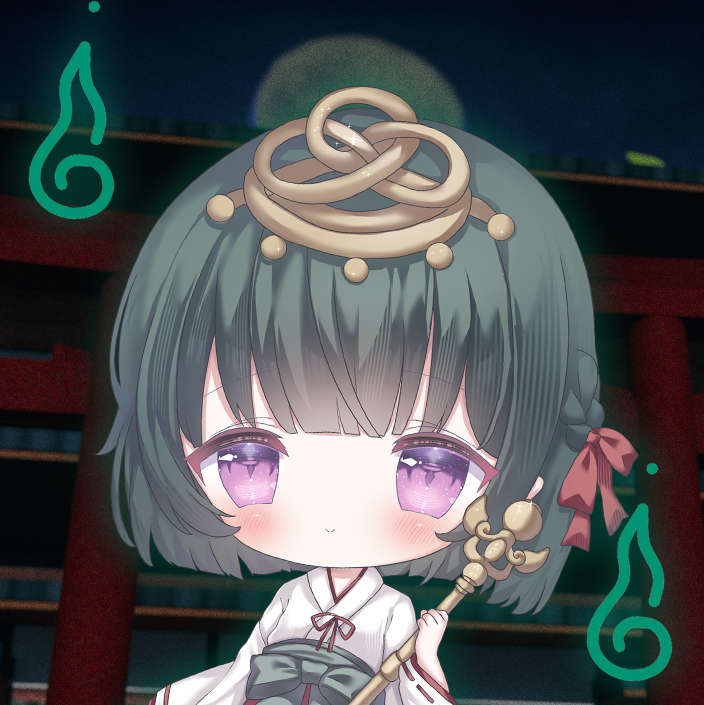 Anime-style girl with long blue hair, pink eyes, and gothic accessories, smiling with her hand on her chin, against a celestial and geometric background.