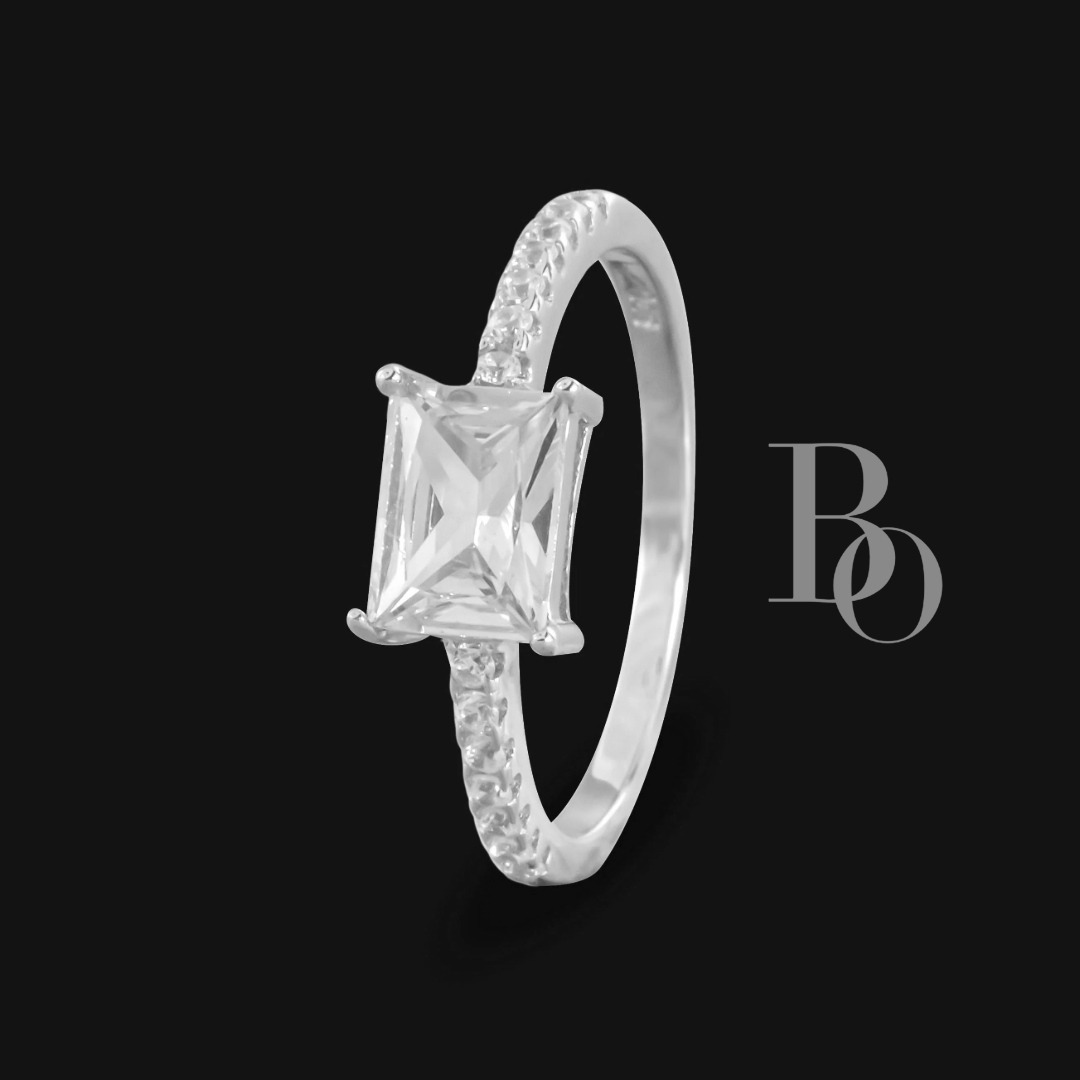 Anillo Solitario Piedra Zirconia Cuadrada Baño Rodio Plata