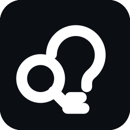 Logotipo con un signo de interrogación y una bombilla estilizada en blanco sobre fondo negro