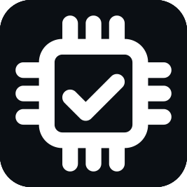 Icono de microchip con marca de verificación en el centro.