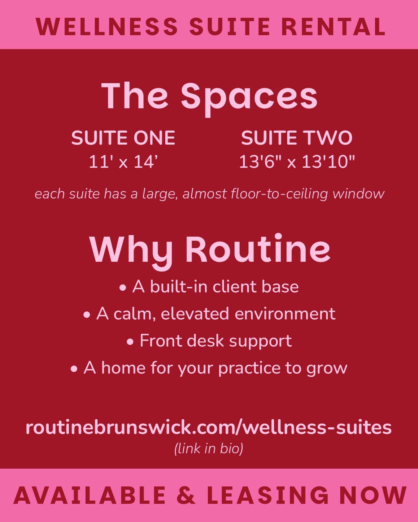 Still dreaming up your perfect treatment room? Same. 
We have one suite still available for full&nbsp; private monthly rental, and one suite available for sharing - Thursdays + Fridays are spoken for, but all other days are available.&nbsp;

We would