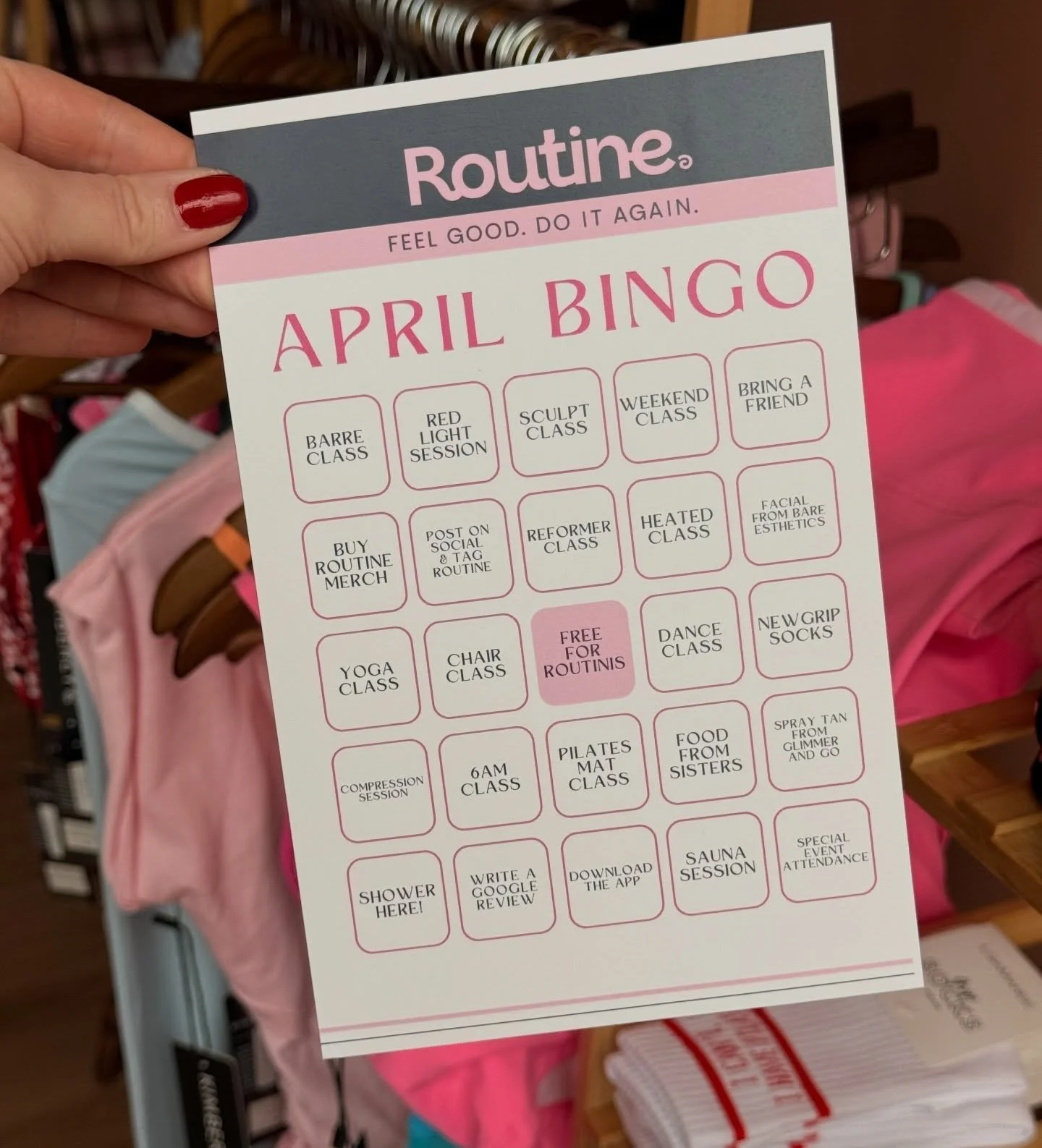 💟 Michaela&rsquo;s #1 game - bingo is here for April! Get a stamp at the desk every time you complete a square. One line = one entry and so on to win fun prizes like free classes, retail, wellness, a spa service from @_bareestheticsllc a tan from @g