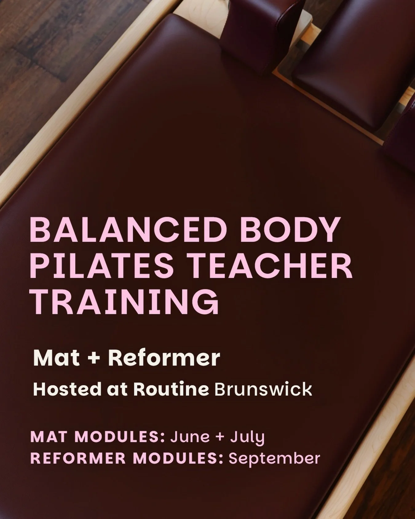 Pilates Teacher Training is coming to Brunswick.
Balanced Body Mat + Reformer training, open to anyone interested in becoming an instructor. 

Mat, Reformer, or both.

Hosted at Routine, open to all.
Starts in June.

&rarr; link in bio for details + 