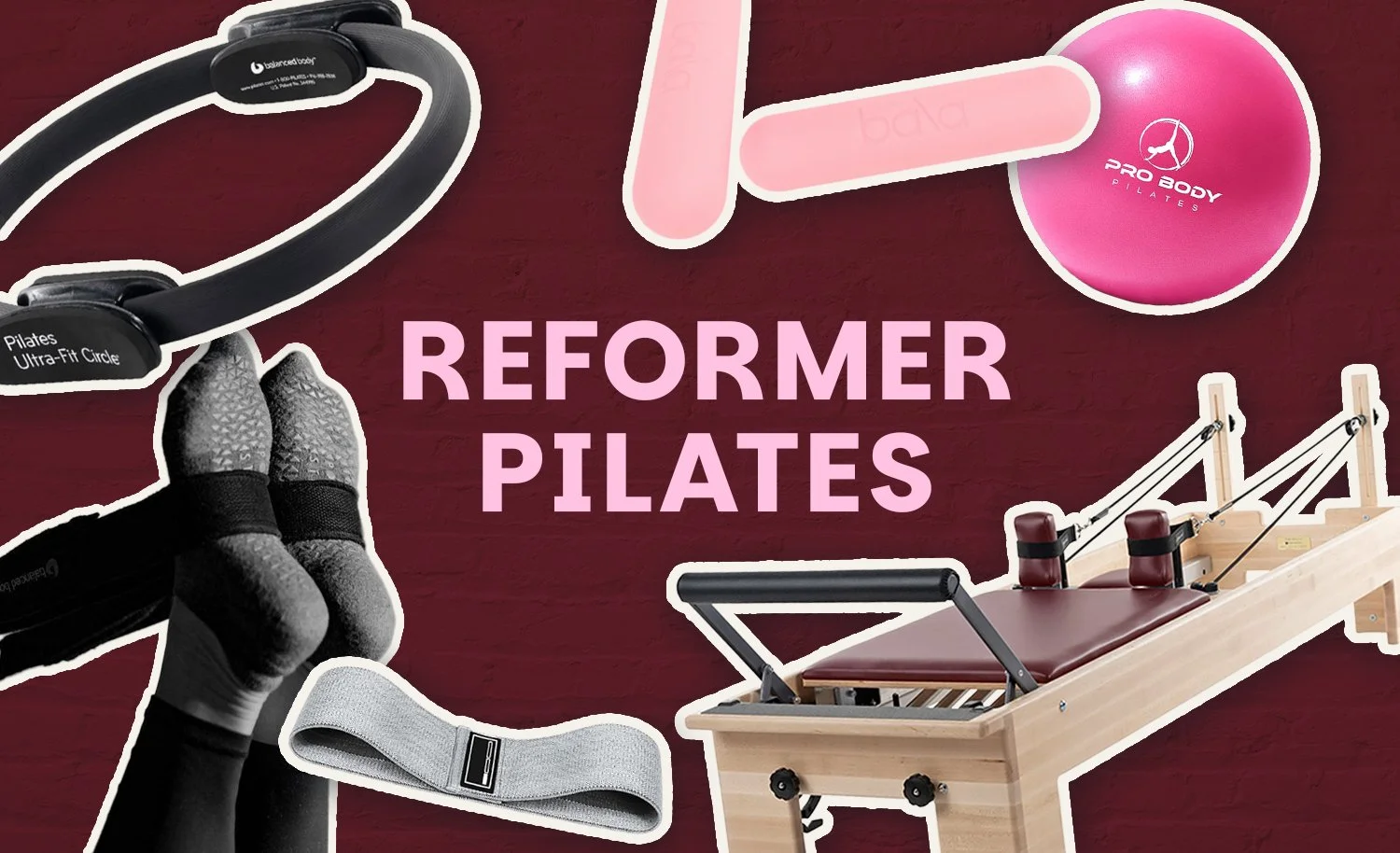 Collection of Pilates equipment including a pink exercise ball, reformer machine, resistance band, headband, and black and grey ankle weights on a red background with the text 'Reformer Pilates'