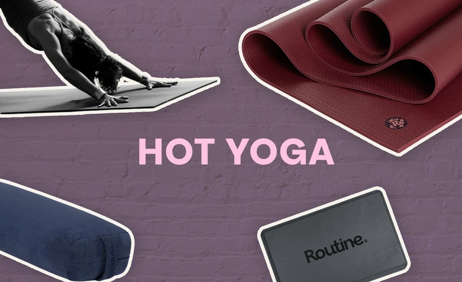A collage of yoga equipment including a woman practicing yoga, a rolled-up yoga mat, a pink exercise ball, a blue yoga bolster, and a small mat with the word 'Routine' on it, on a purple background with the word 'YOGA' in pink