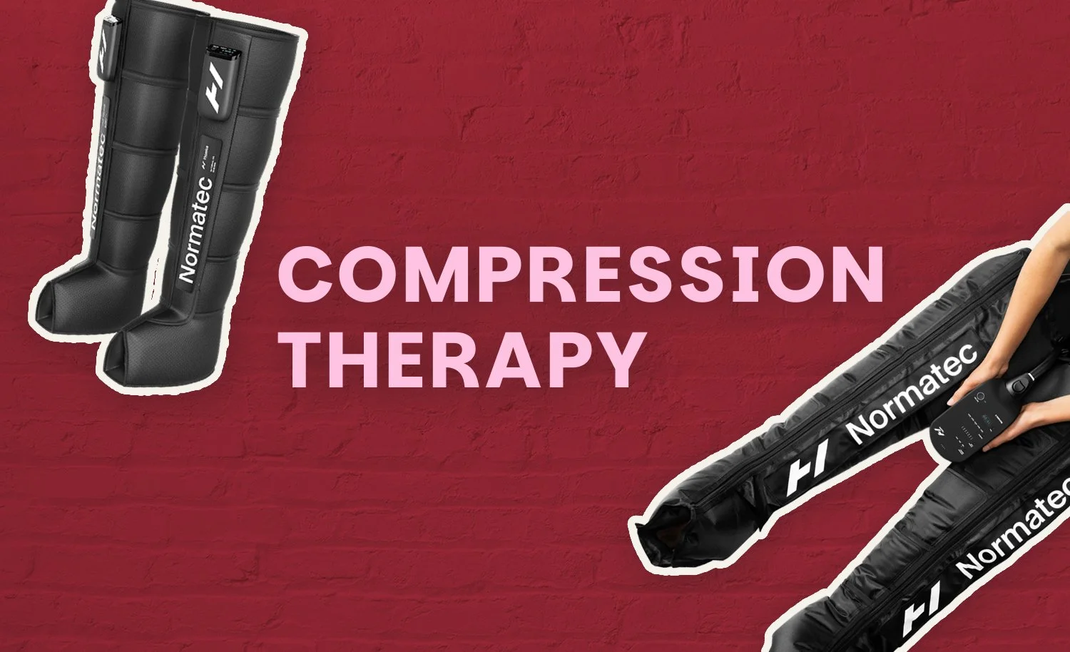 Graphic with red background, showing two Normatec compression therapy devices and the text 'COMPRESSION THERAPY' in pink in the center.