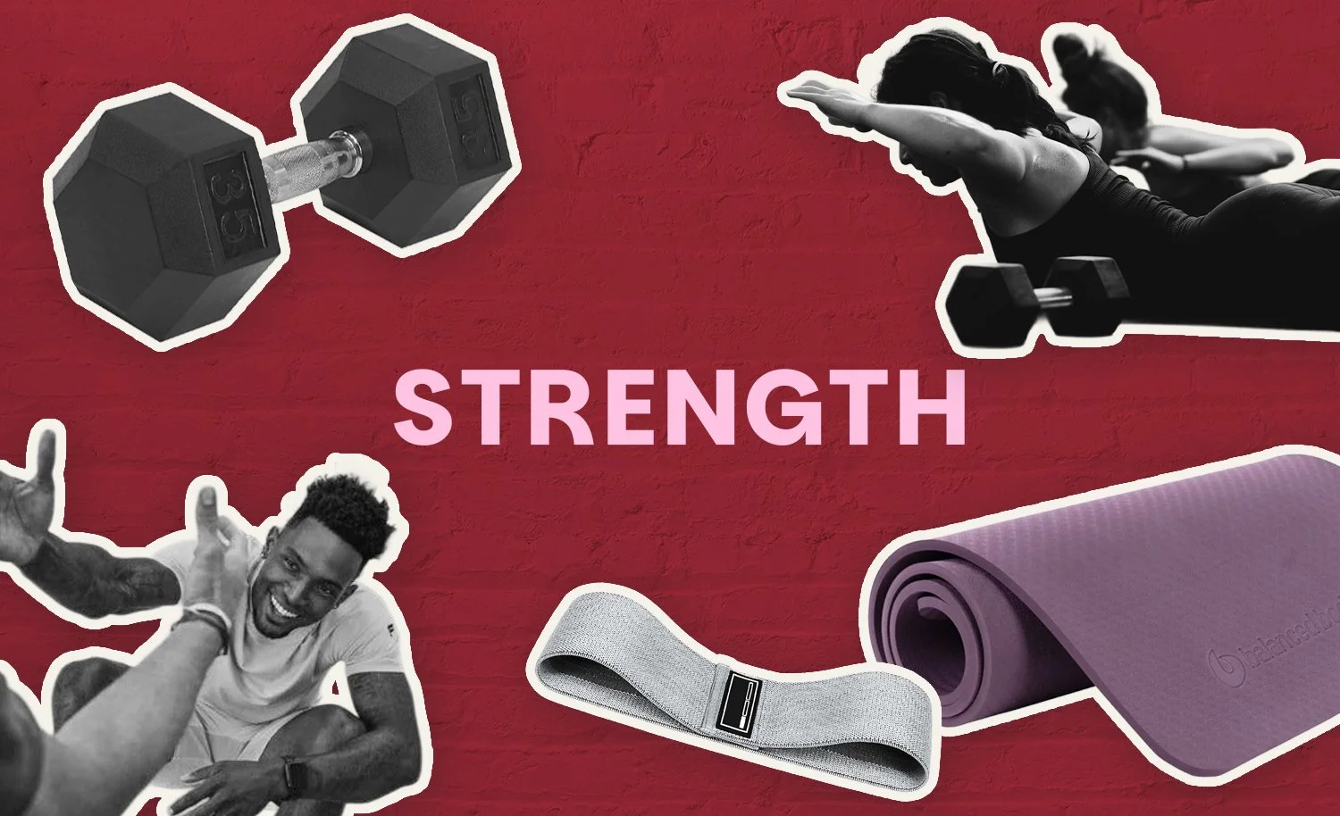 Collage of fitness equipment and people exercising, with the word 'STRENGTH' in the center. Items include dumbbells, yoga mats, and resistance bands.