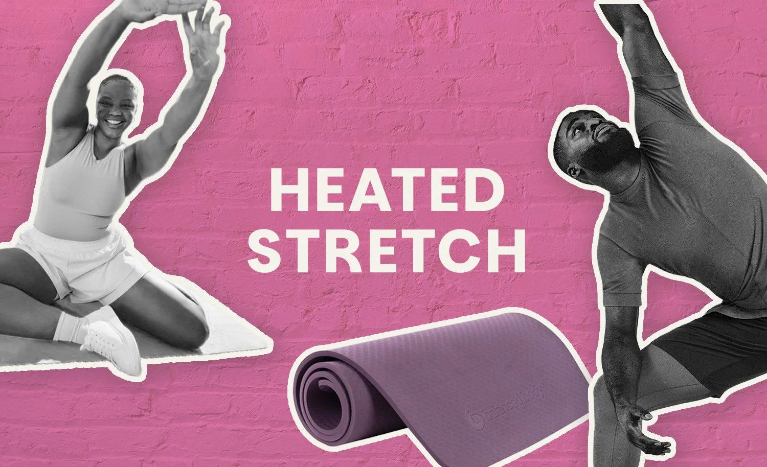 A woman and a man doing stretching exercises with a yoga mat on a pink brick wall background, with the text "Stretch & Release" in the center.