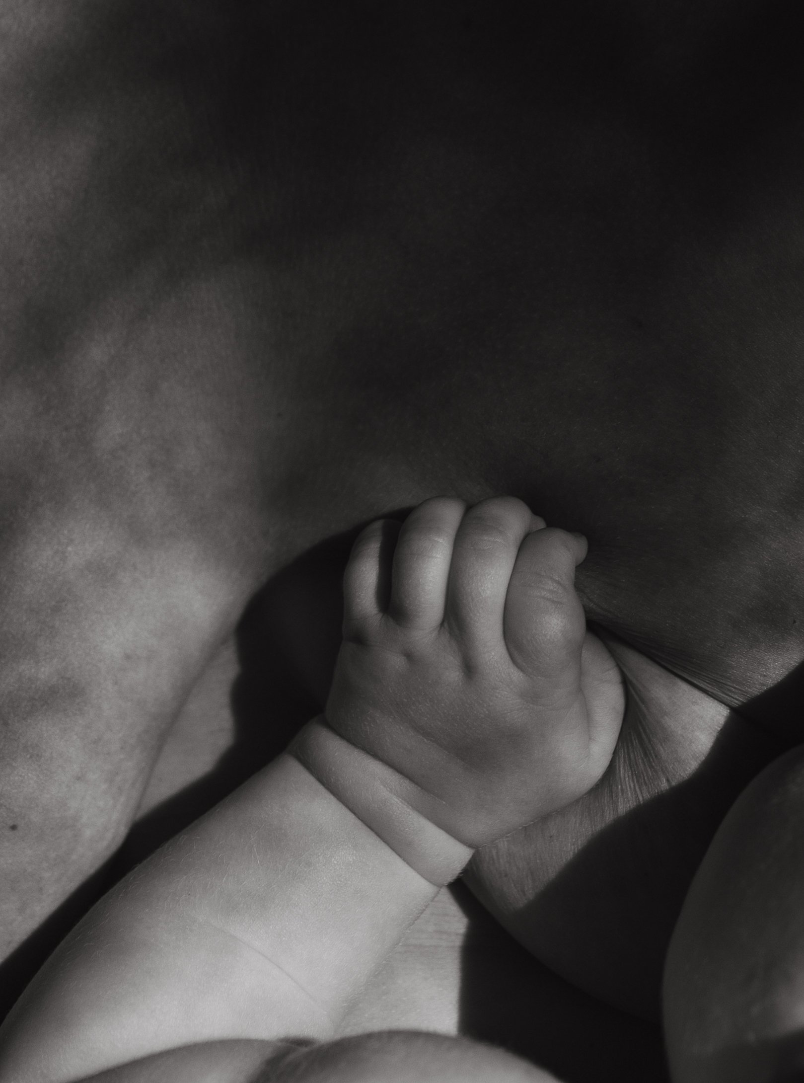 Close-up of an adult's hand gently holding a baby's hand, in black and white.