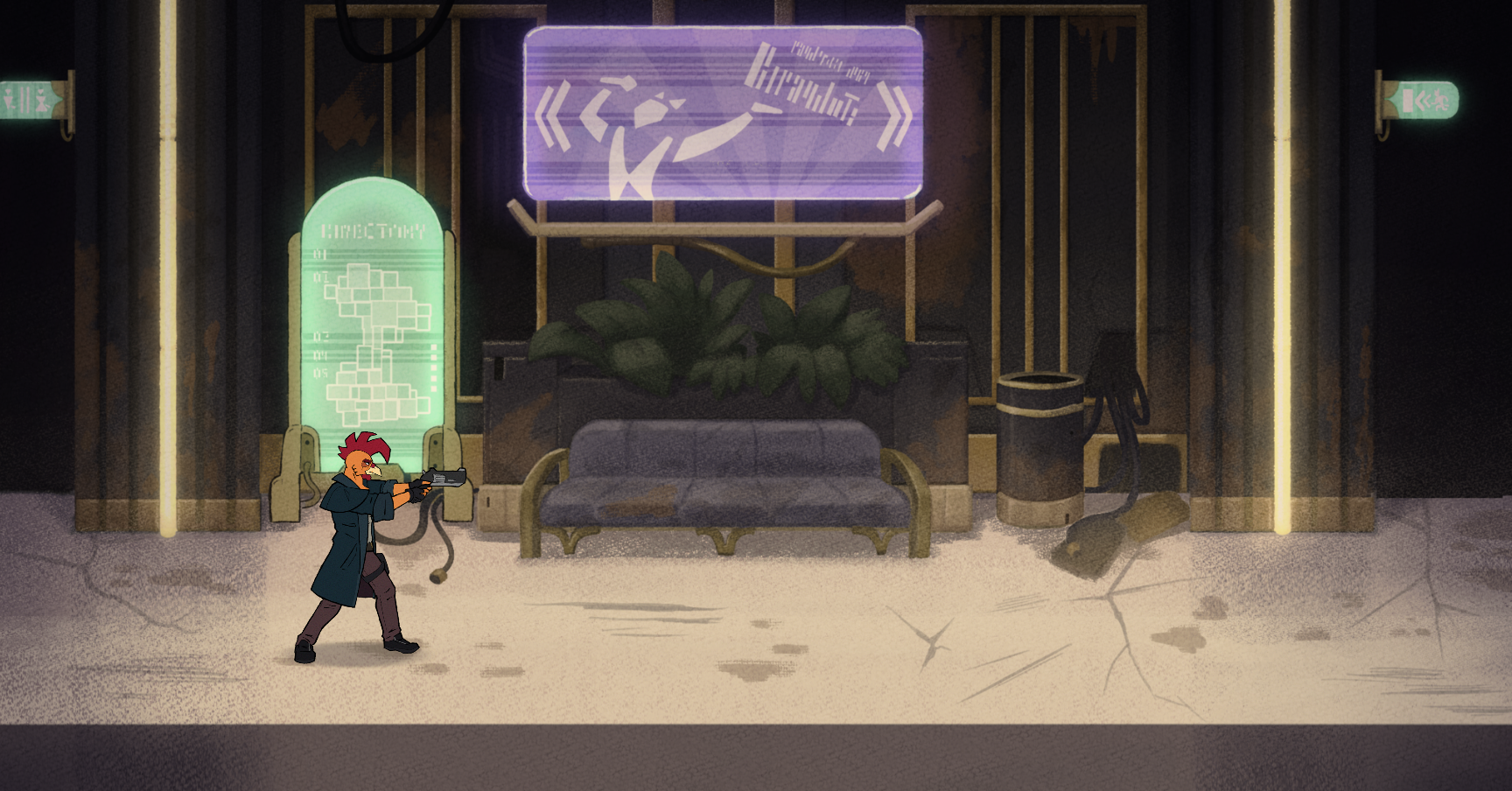 Detective Blitz Mathers moves through the dimly lit interior of Serenity Mall with his pistol drawn.