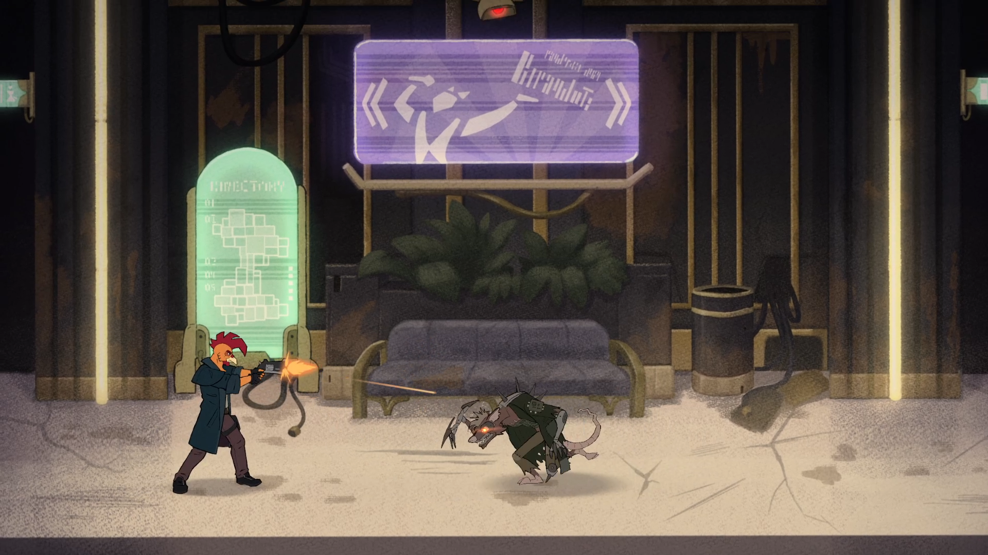Blitz Mathers fires his pistol at a charging Filthrunner enemy inside Serenity Mall.