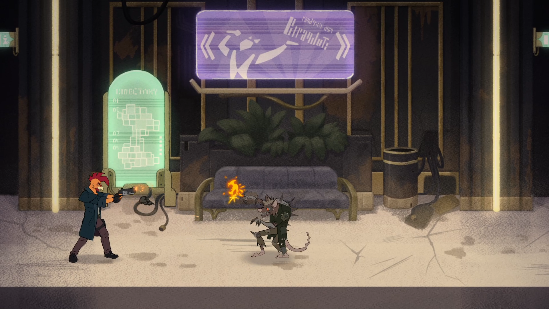Blitz Mathers fires at a Filthrunner as it raises its augmented arms to block the shot inside Serenity Mall.