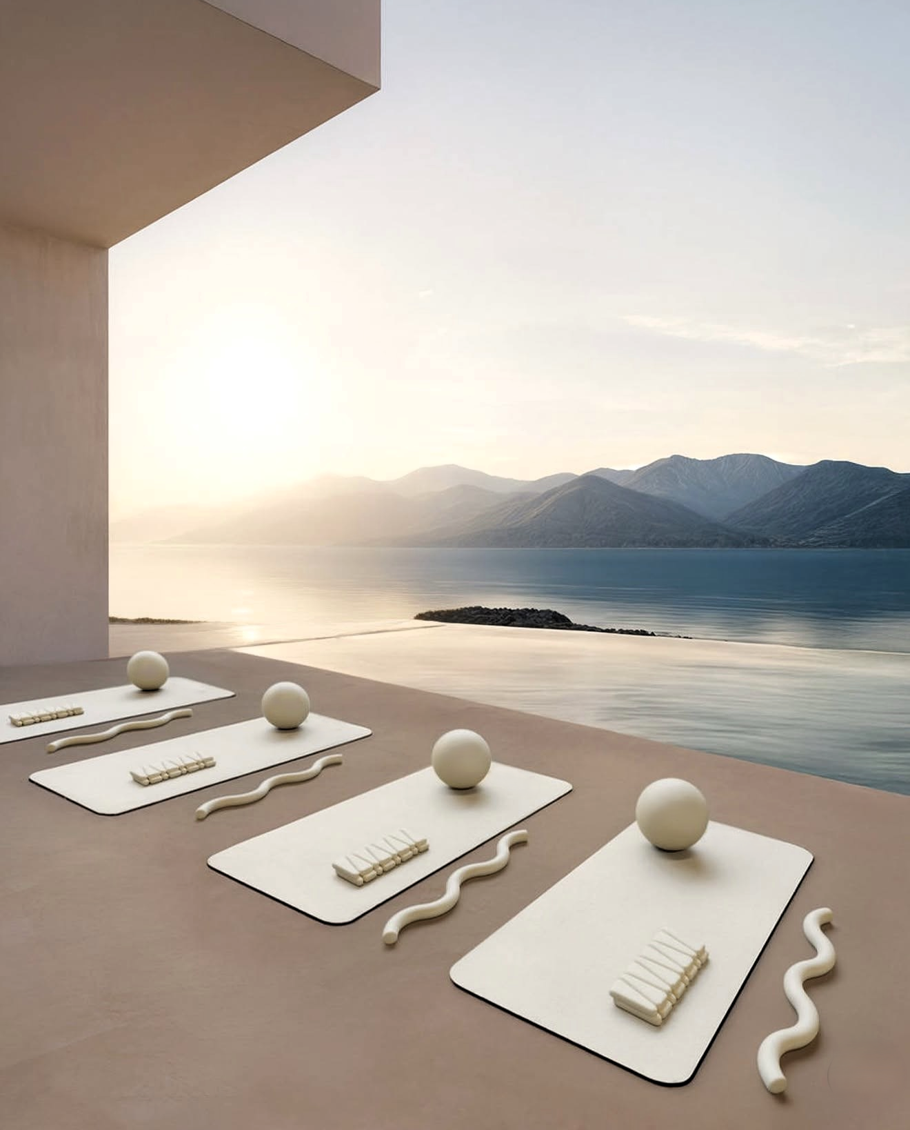 A serene outdoor space with four white mats, each holding a white sphere, a wavy object, and a small rectangular item, overlooking a calm body of water with mountains in the background during sunset.