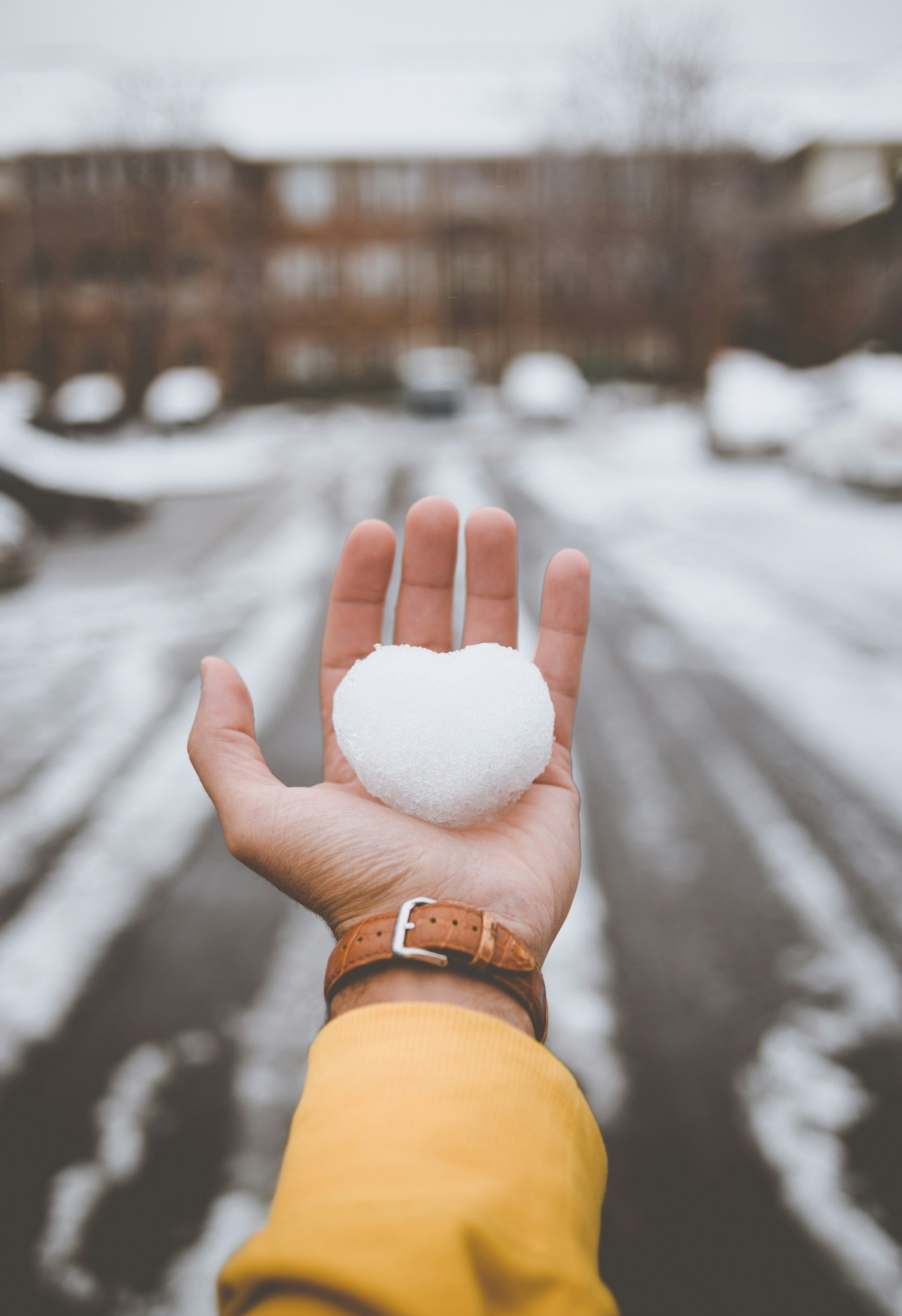 A person holding a heart-shaped snowball outdoors on a snow-covered street with parked cars and a building in the background.