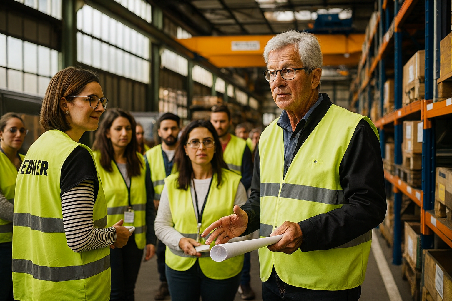 A group of people in high-visibility safety vests listening to an older man in a warehouse with shelves of boxes.