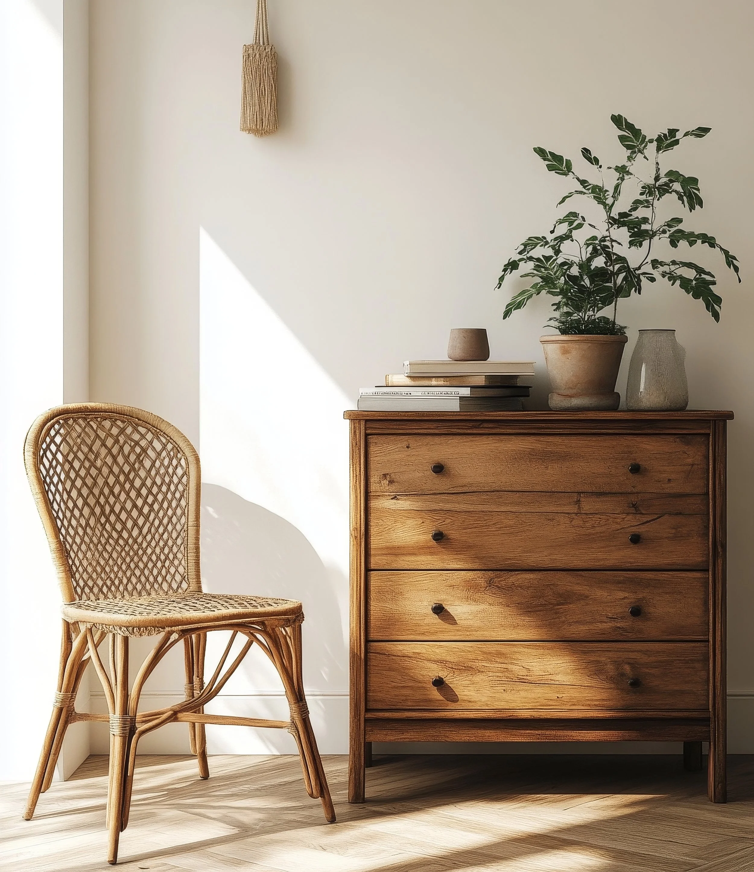Minimalist interior with a wicker chair, wooden dresser with potted plant and books, and a wall hanging, illuminated by natural light.