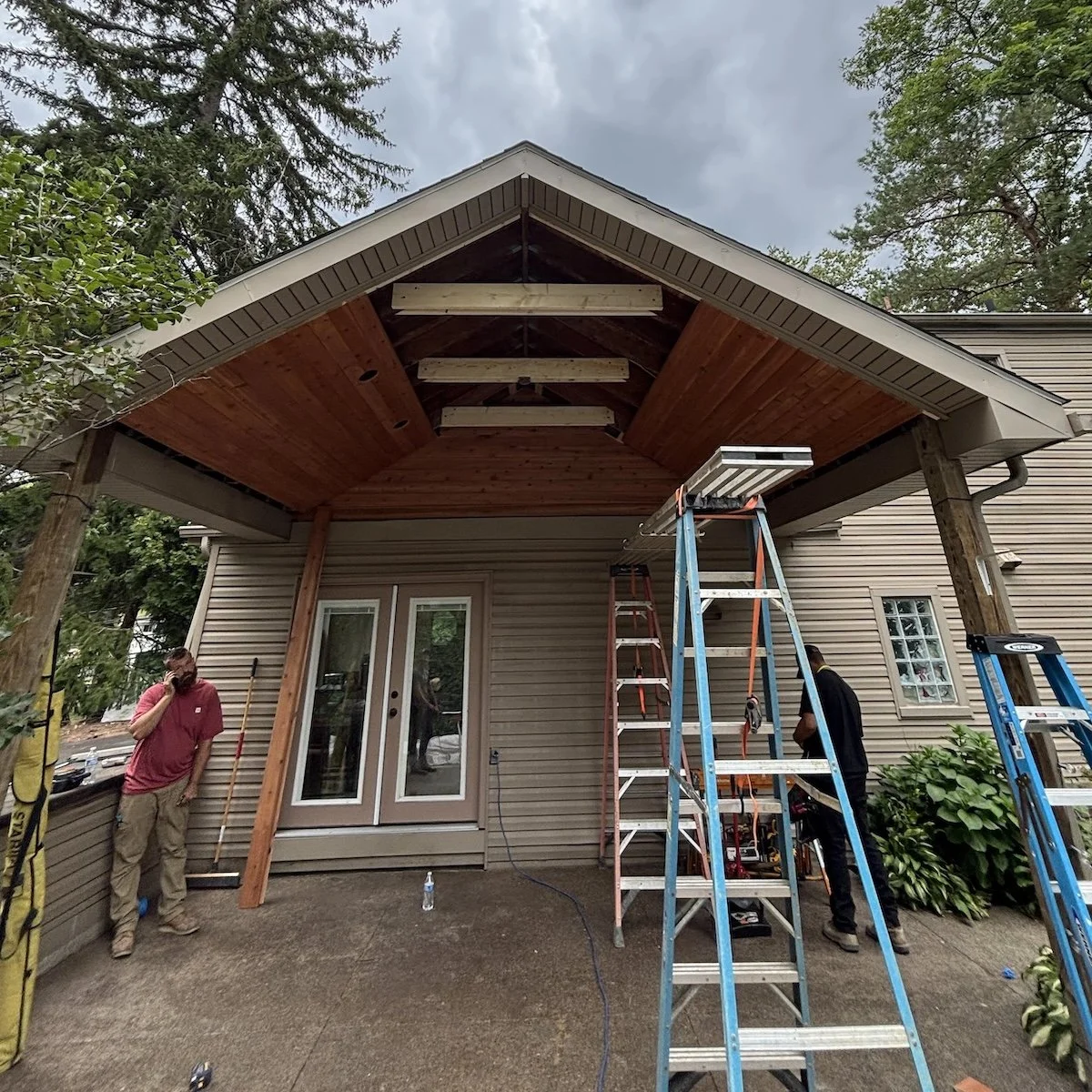 Image of cedar canopy roof from front