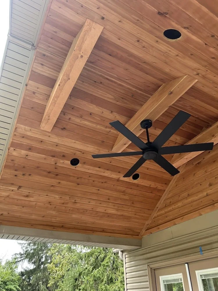 Canopy timber underside and black fan