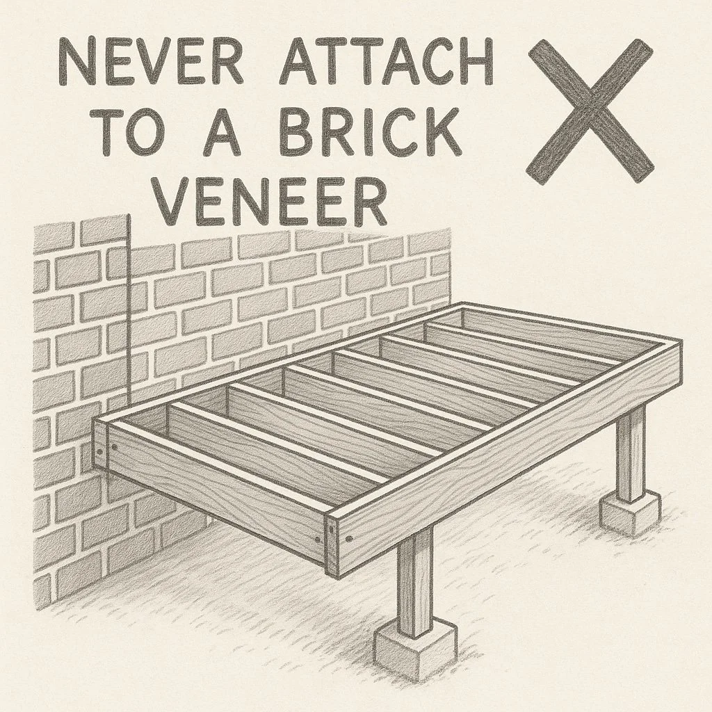 Image of a timber deck and words saying never attach to a brick veneer