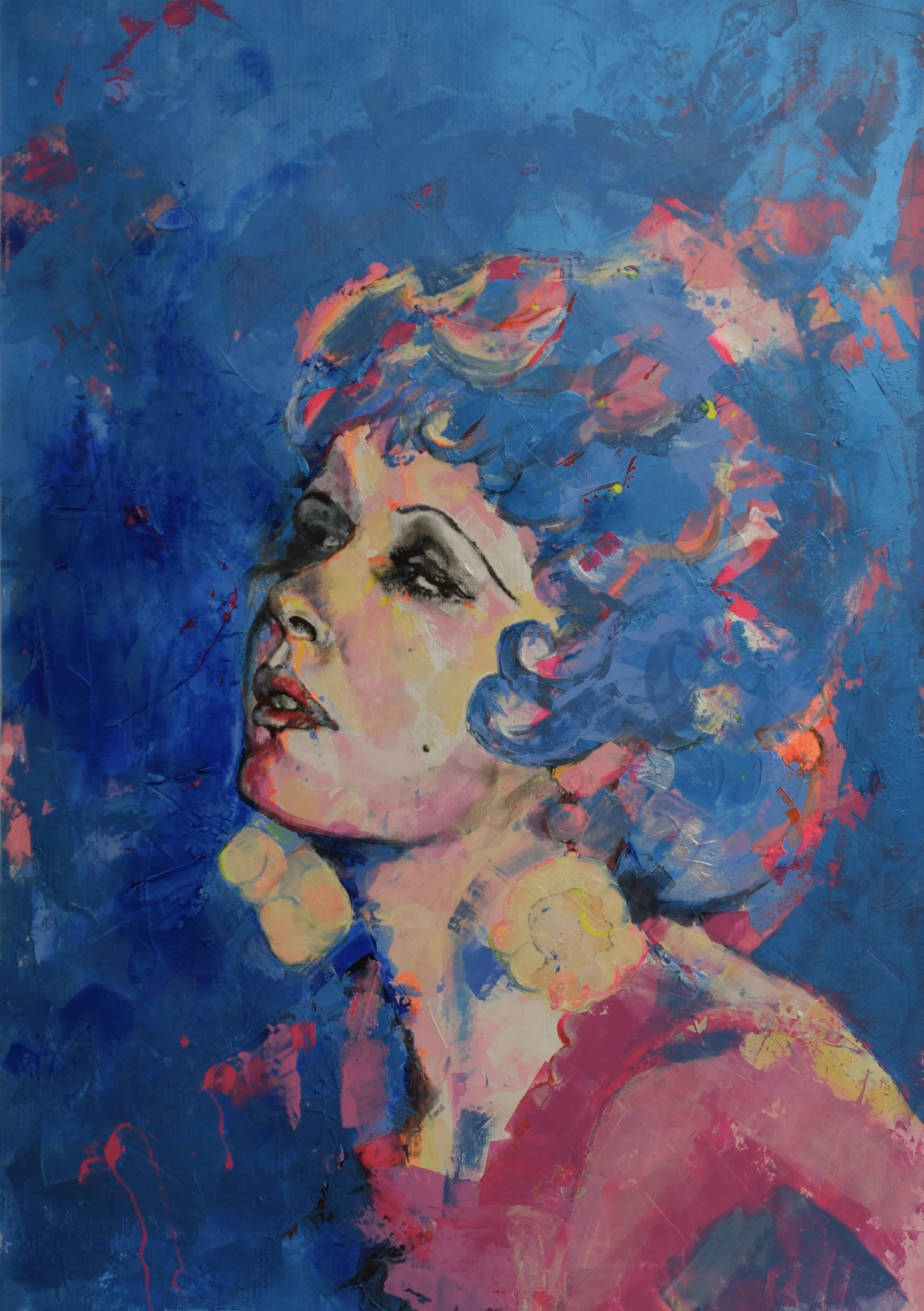An abstract painting of a woman's face with curly hair, set against a blue background with vibrant pink, yellow, and orange accents.