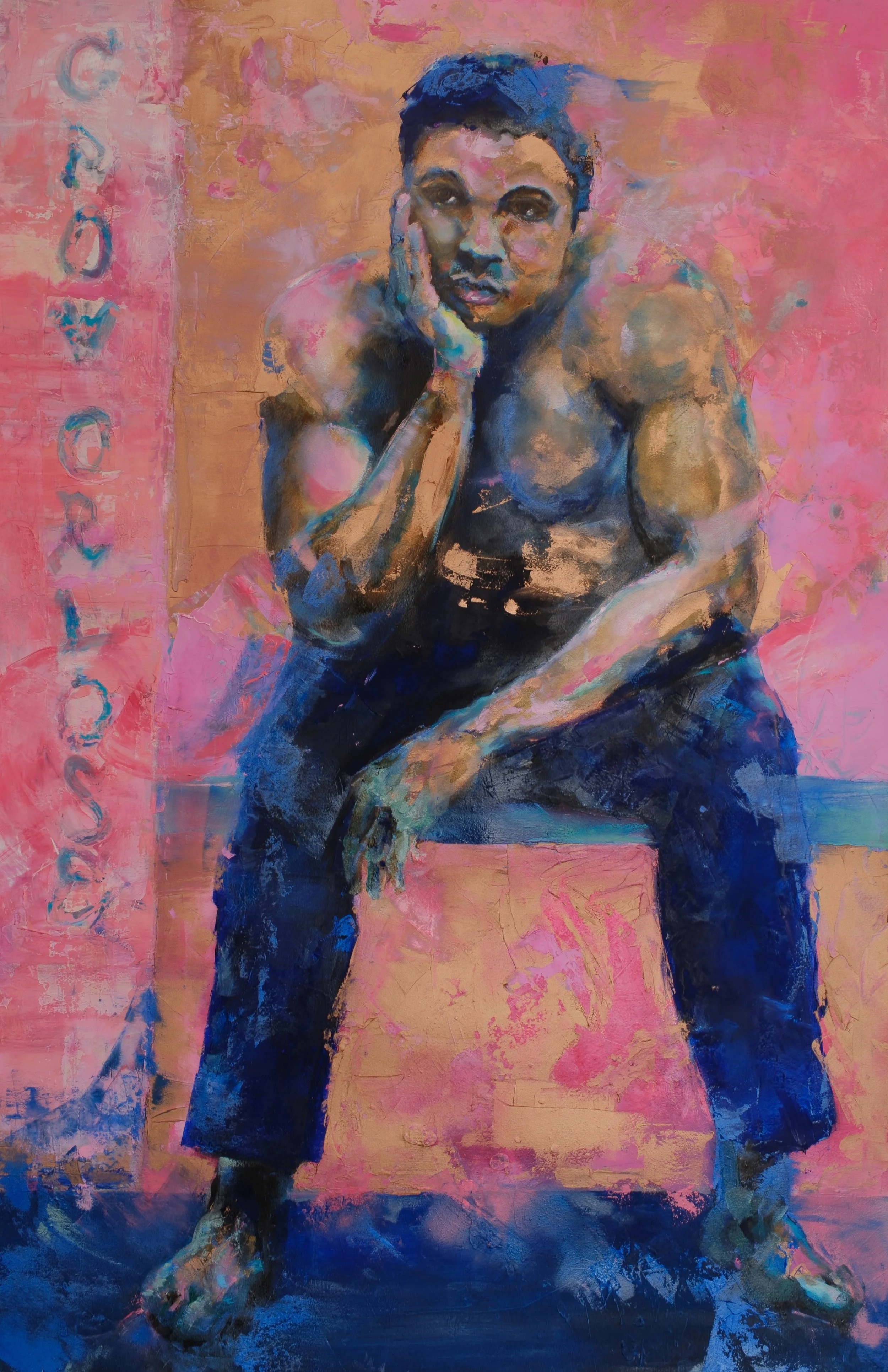 Muhammad Ali in a pose similar to The Thinker of Rodin.  