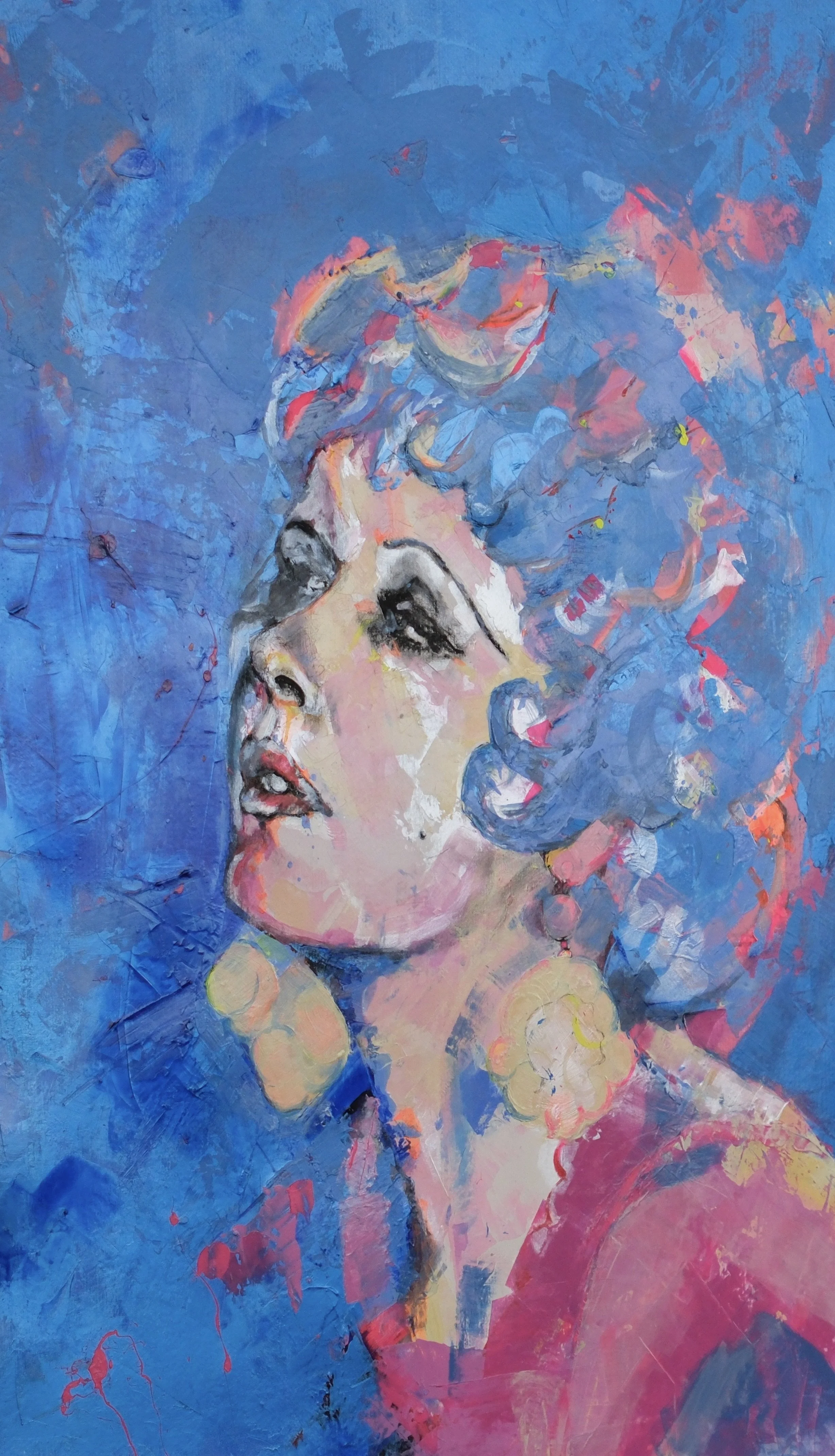 Abstract portrait of a woman with colorful hair and makeup, painted with bold brushstrokes in blue, pink, and yellow tones.