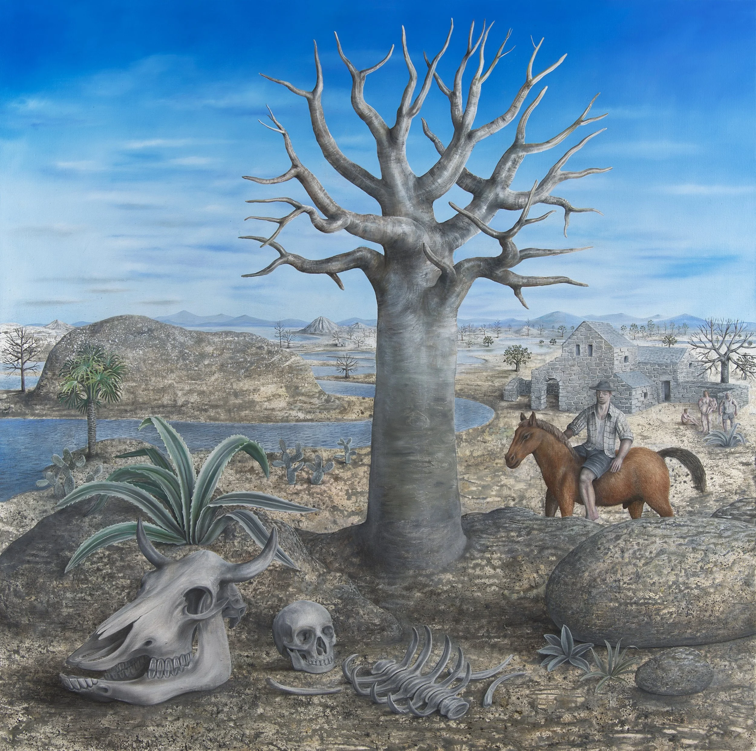 oil painting of a desert scene with a tree and a man on horseback painted by James Mortimer