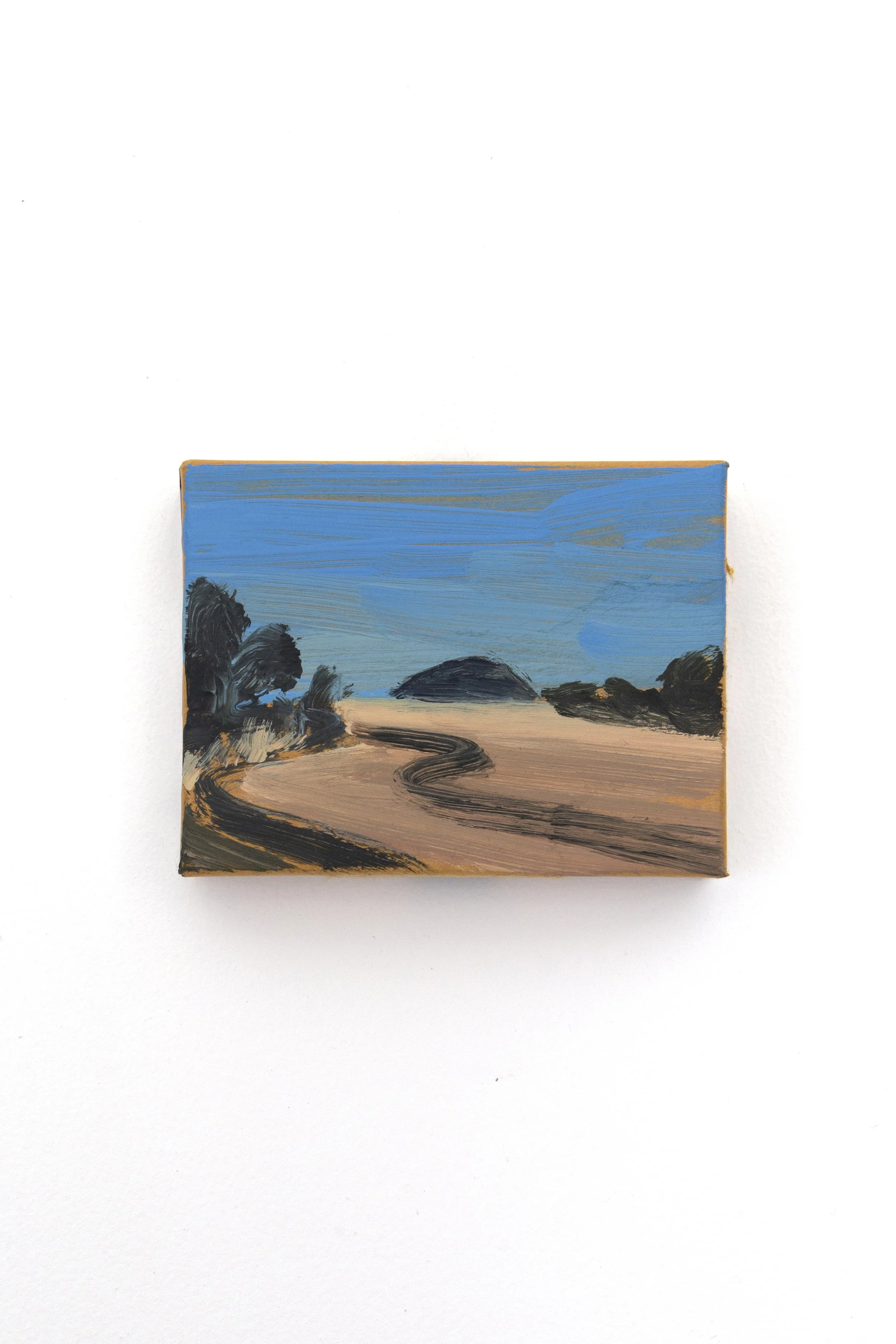 Miniature landscape painting depicting a dirt road winding through a field with trees on each side, a distant hill, and a blue sky.