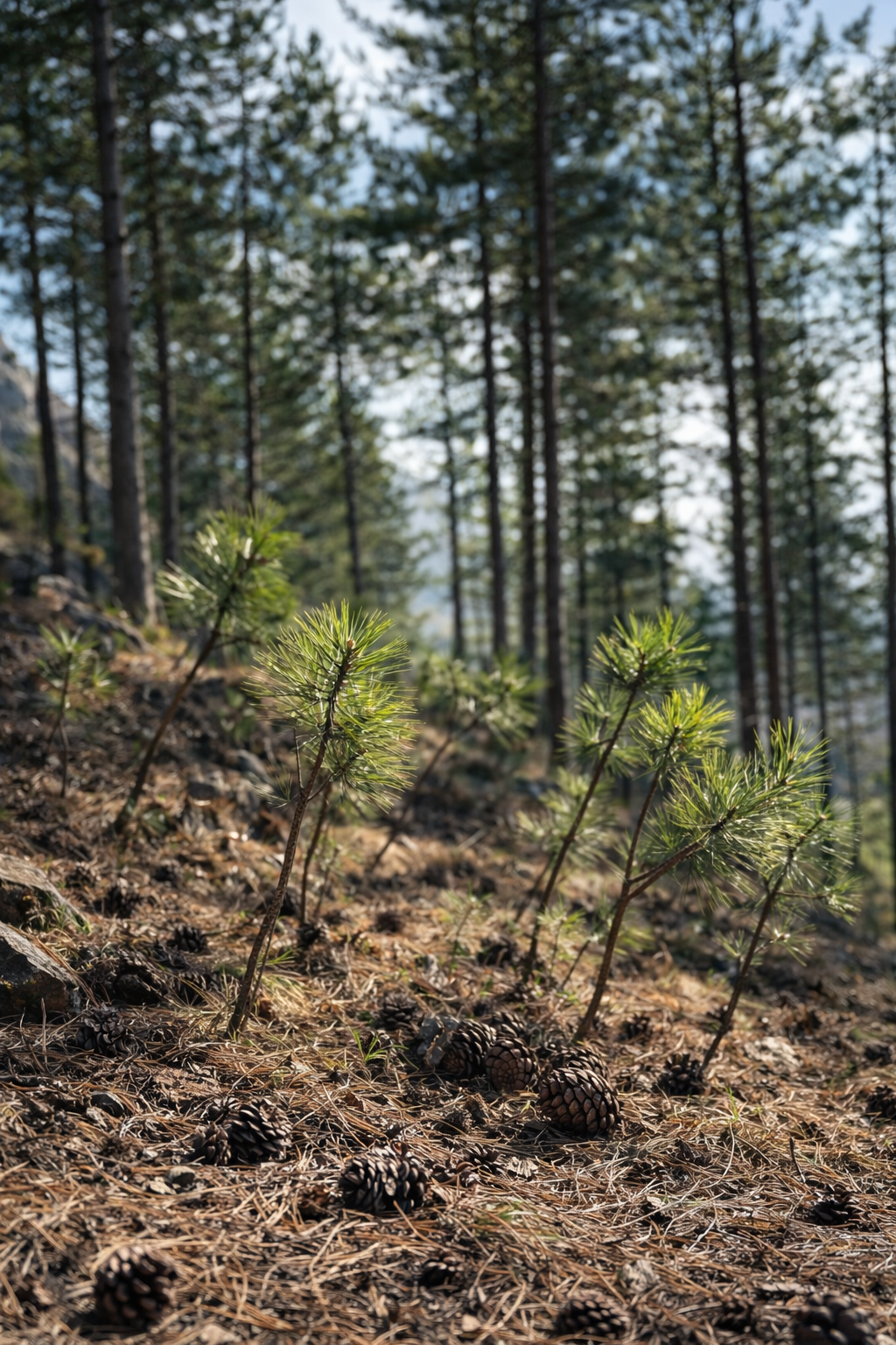 Jeunes pins dans une forêt, sol couvert de pincèdres et de cônes, arrière-plan d'arbres plus grands.
