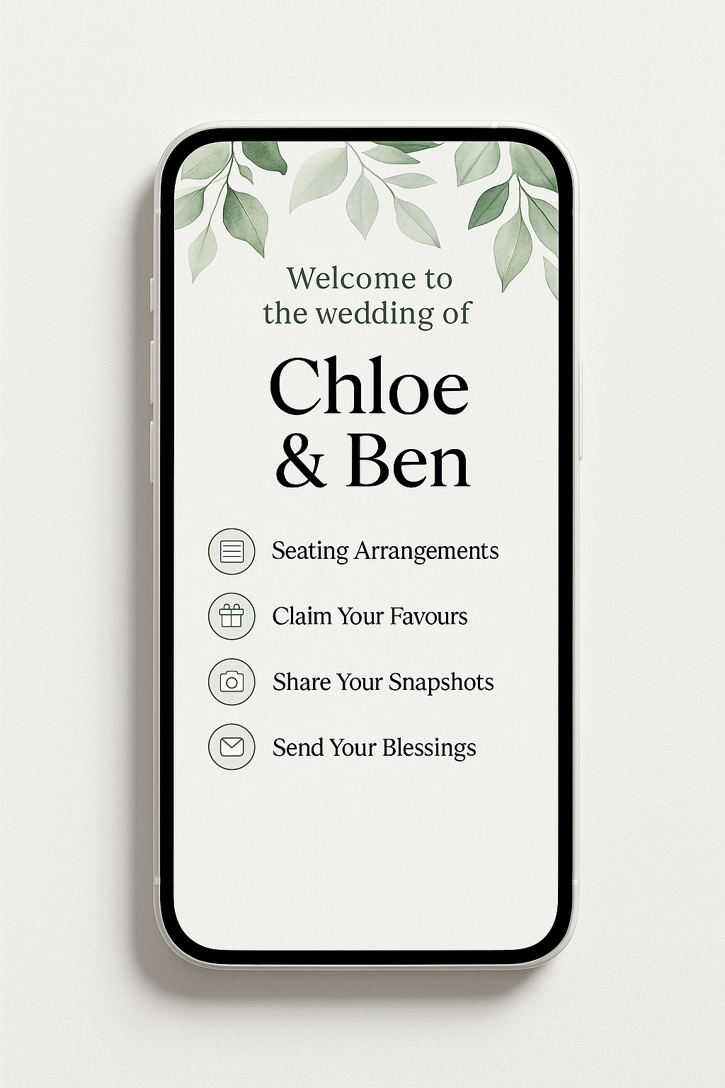 Wedding welcome app screen with green leaf design at the top, greeting: 'Welcome to the wedding of Chloe & Ben', with options for seating arrangements, claiming favors, sharing snapshots, and sending blessings.