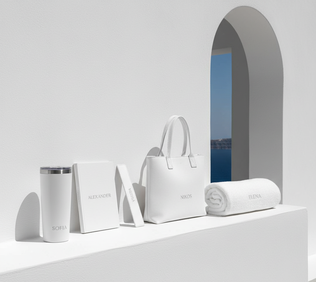 Collection of white branded items including a tumbler, notebooks, a bag, and a towel, set against a white wall with a small arched window showing a view of the ocean.