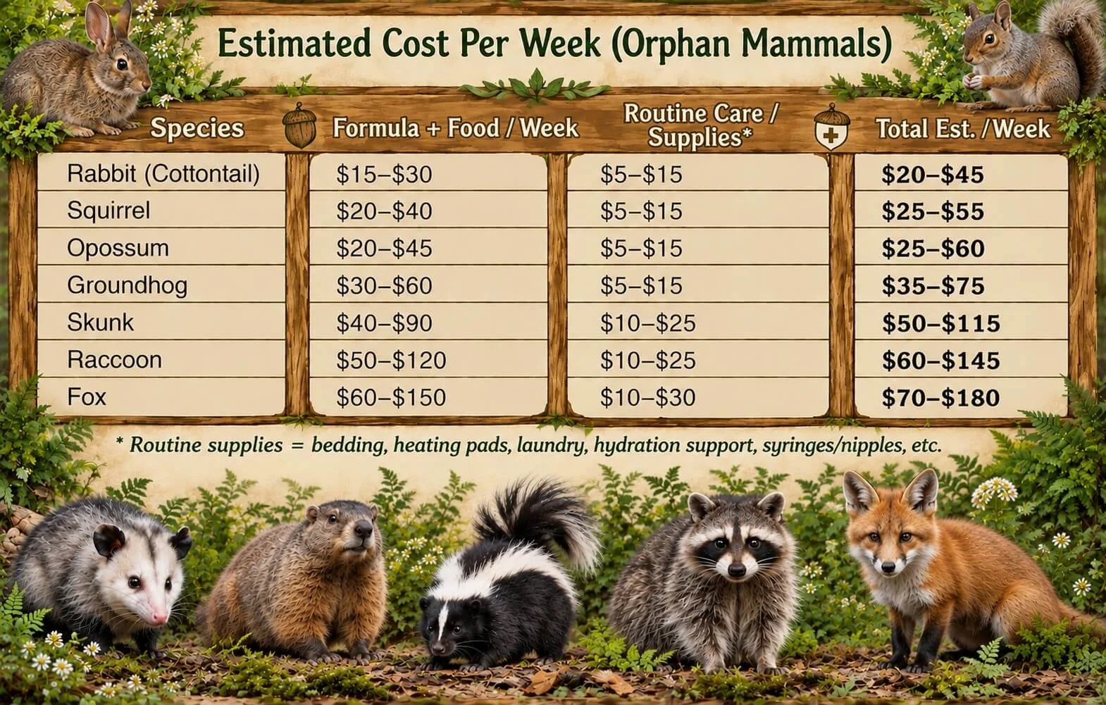 Table showing estimated weekly costs for orphan mammals, including rabbits, squirrels, groundhogs, opossums, skunks, raccoons, and foxes, with cost ranges for formula, routine care, and total expenses.