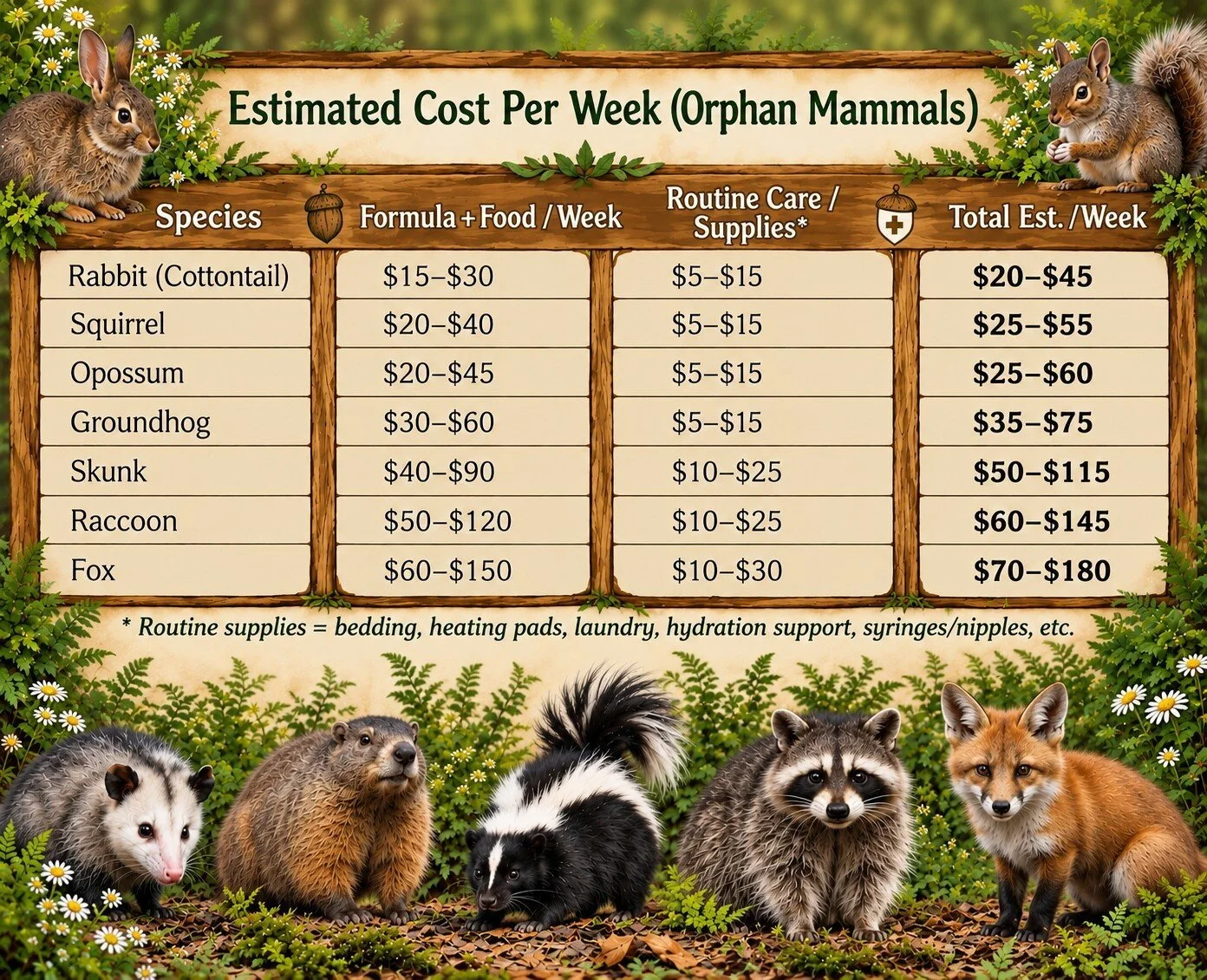 Estimated weekly care costs for orphaned rabbits, squirrels, opossums, groundhogs, skunks, raccoons, and foxes, including food, formula, and routine care supplies.