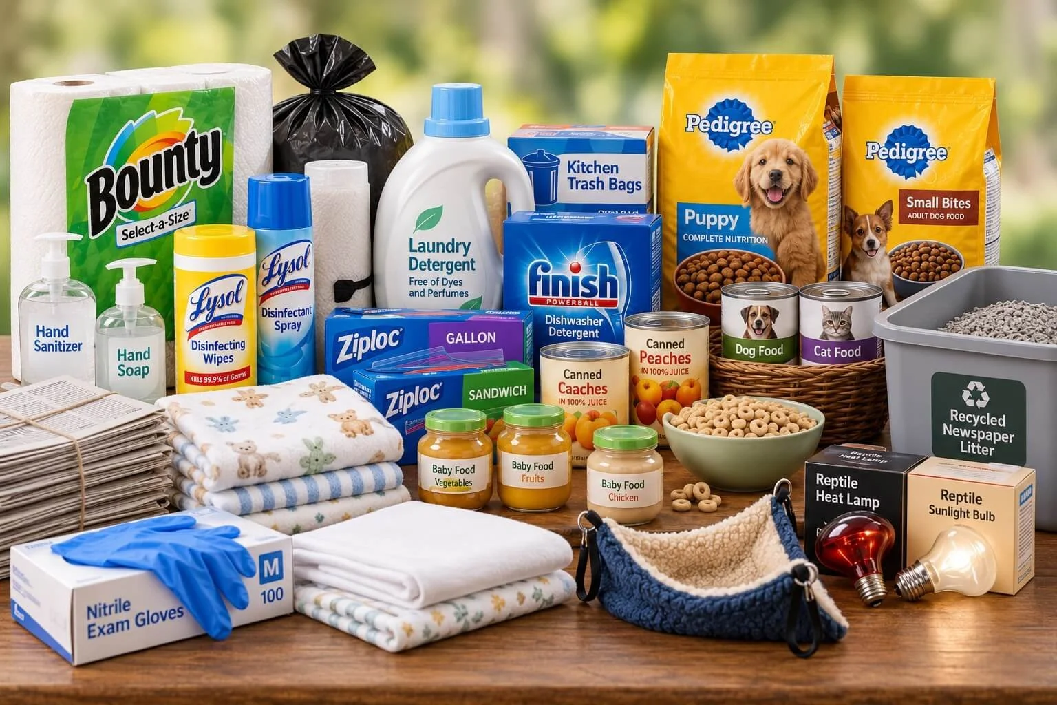 Wildlife rescue wish list supplies including paper towels, cleaning products, pet food, baby food, blankets, gloves, recycled newspaper litter, and reptile heat bulbs.