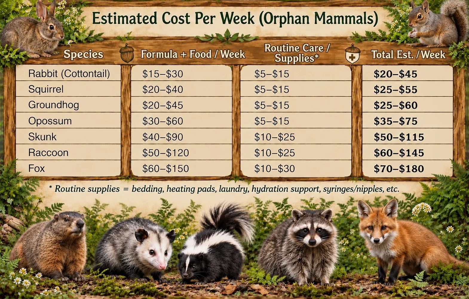 Table showing estimated weekly costs for orphan mammals, including rabbits, squirrels, groundhogs, opossums, skunks, raccoons, and foxes, with cost ranges for formula, routine care, and total expenses.