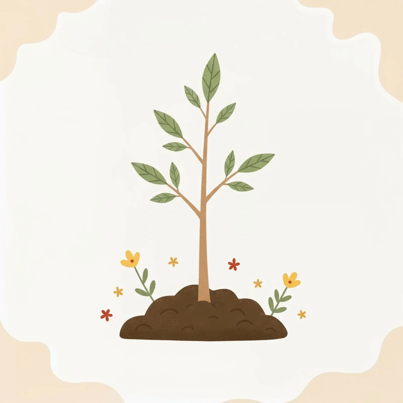 Illustration of a young tree planted in soil with small yellow and red flowers around it.