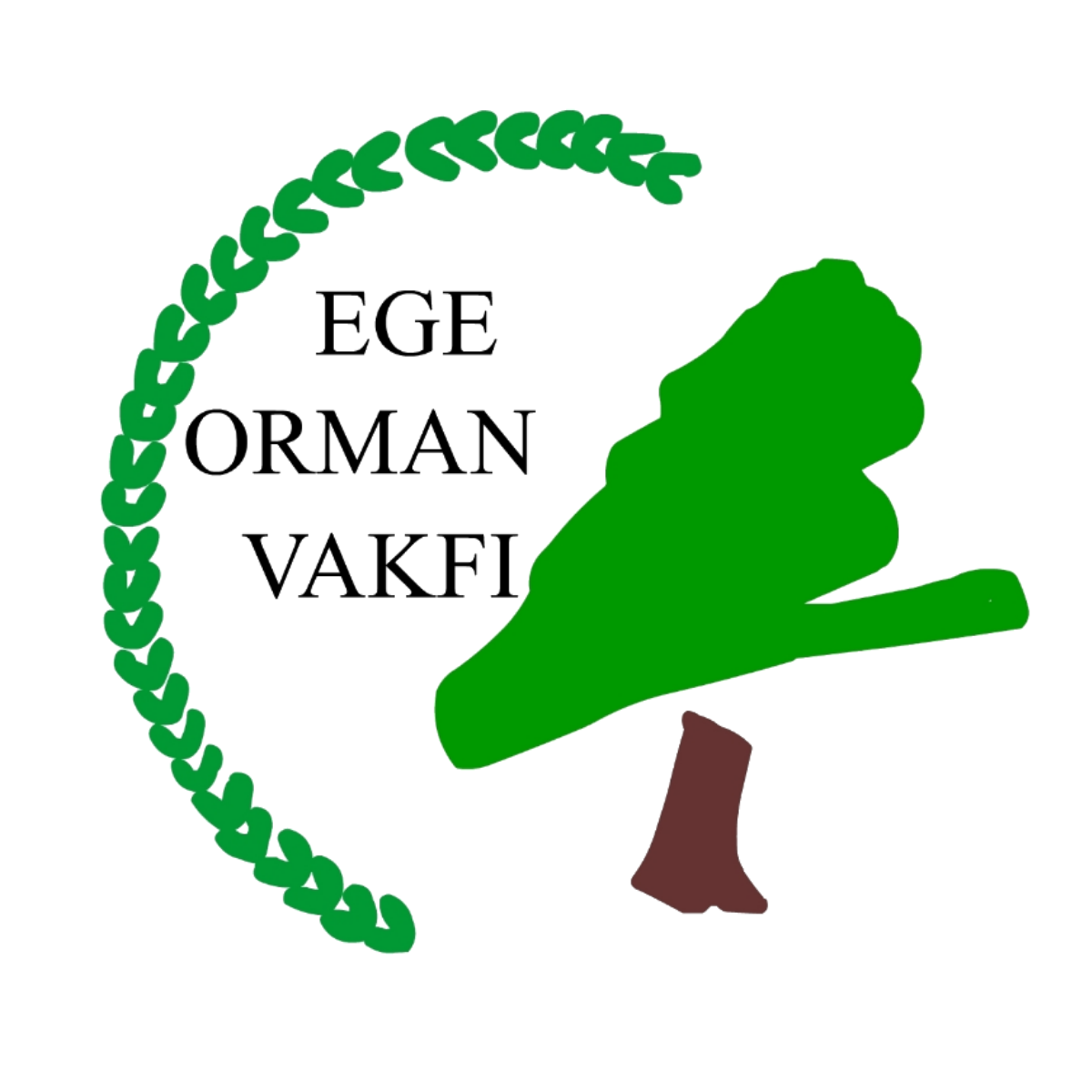 A green leaf and a brown tree trunk illustration with the words in Turkish: "Ege Orman Vakfı" surrounded by a green laurel wreath.