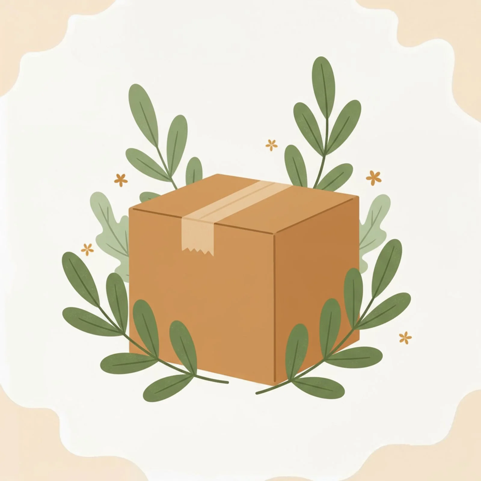 Illustration of a cardboard box surrounded by green leafy branches and small orange flowers.