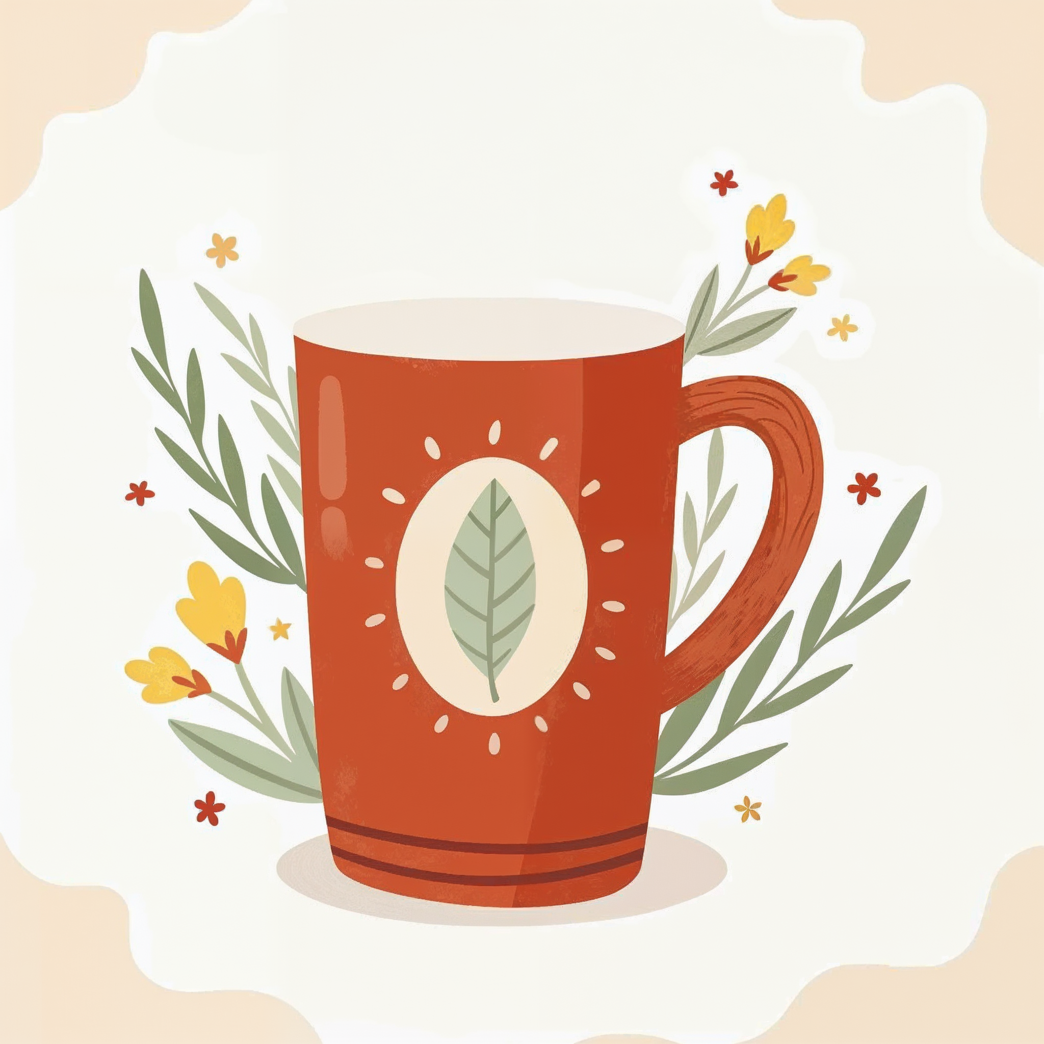 A decorative ceramic mug with an oval leaf design and botanical illustrations around it, including green leaves and small flowers.