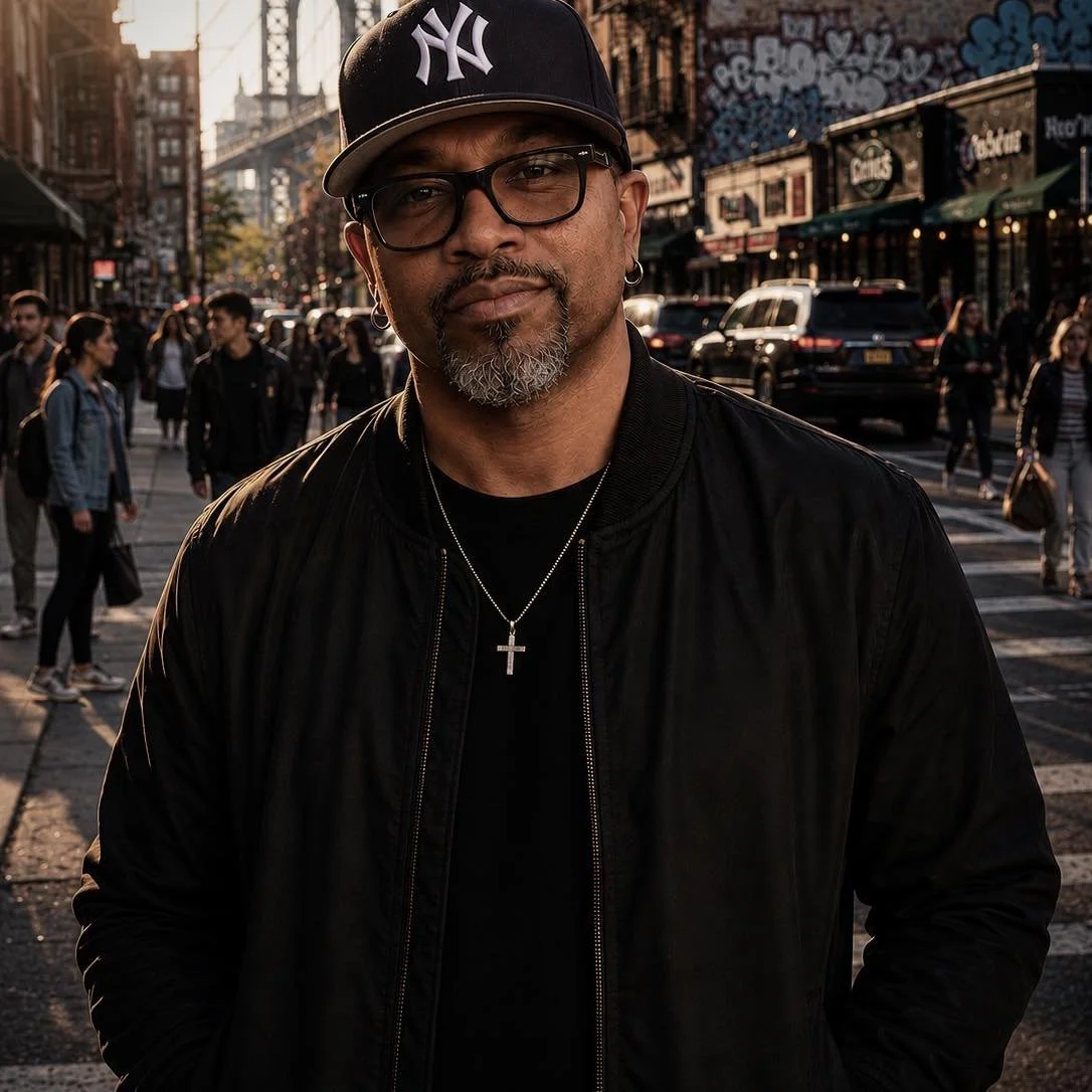 Led Bradshaw standing on a Brooklyn street at sunset representing the founder of Jetpulse Lab, a cinematic storytelling studio focused on creativity, emotional learning, and superhero storytelling for families.