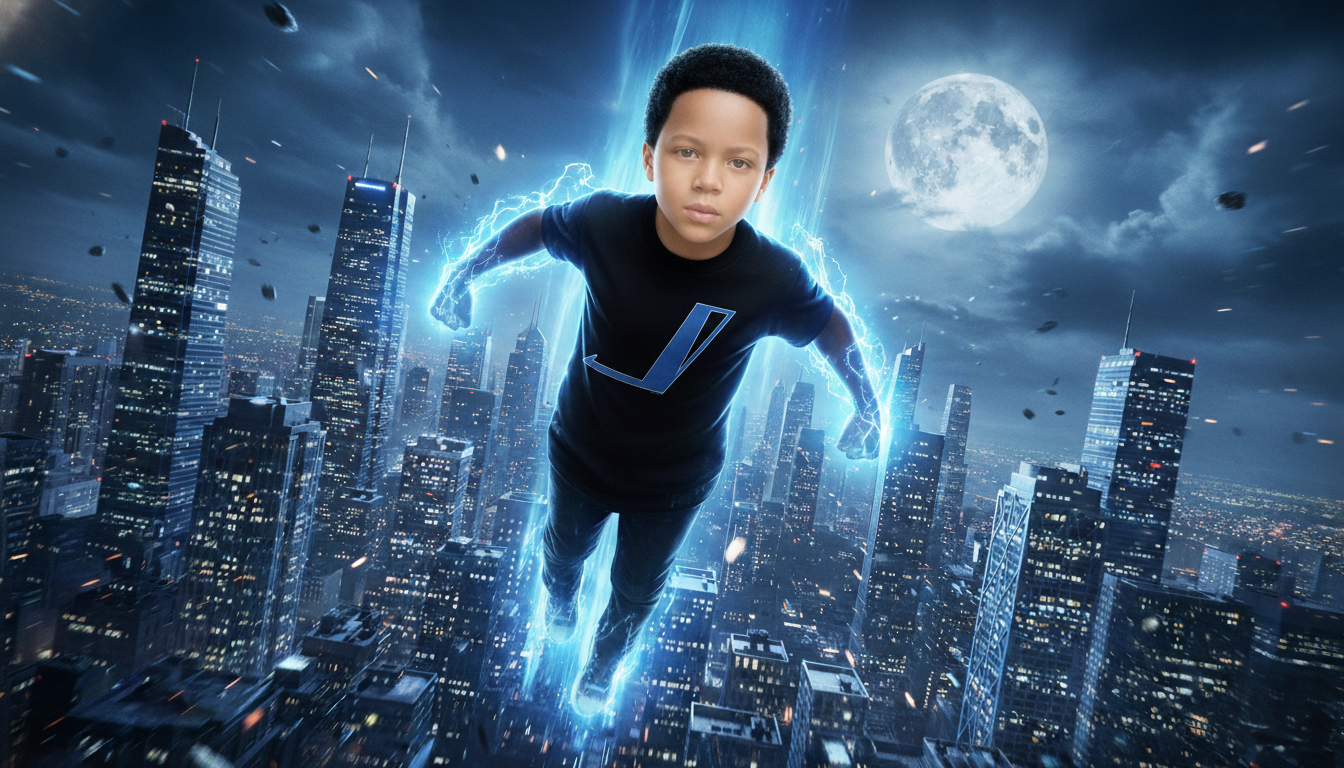 A boy with a serious expression flying through a cityscape at night, surrounded by lightning and glowing with a blue aura, with a full moon in the cloudy sky.