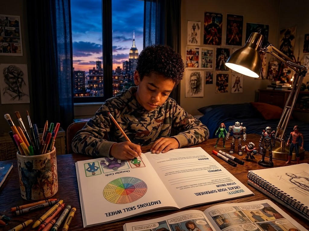 young boy is creating superheroes using the hero builder method by jetpulse lab