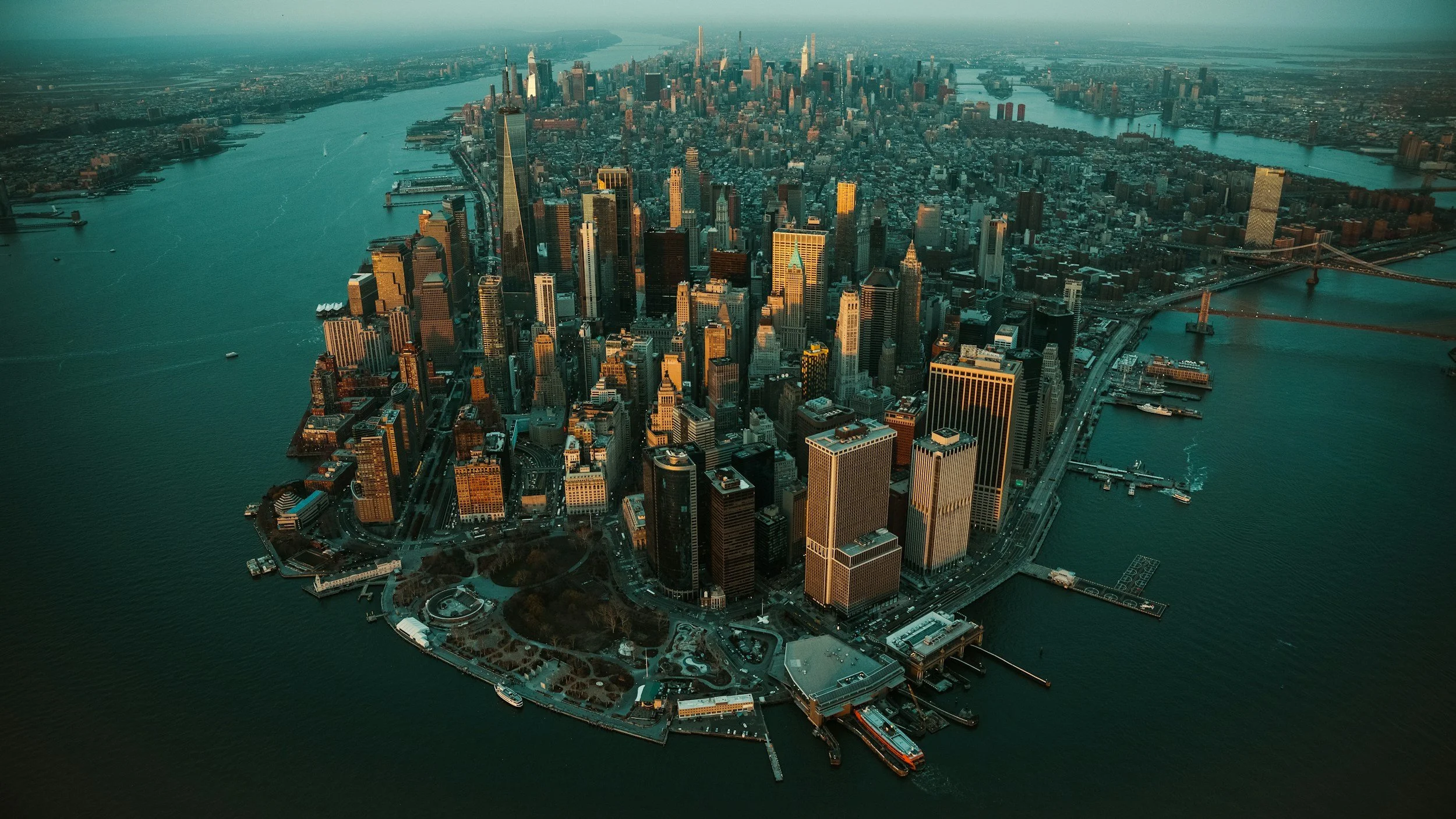 Aerial view of New York City and the five boroughs representing local poverty statistics and emergency utility assistance in NYC.