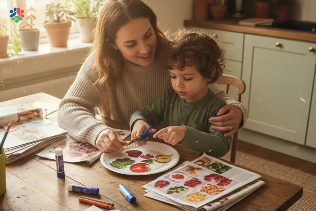 mother supporting his autistic child through creative drawing at home instead of trying to fix behavior