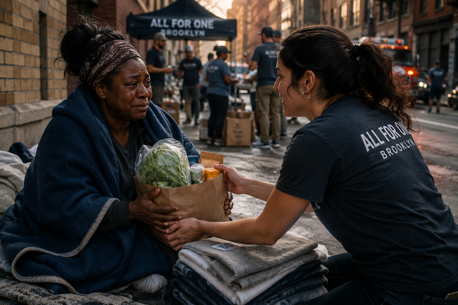 volunteers helping with food and blankets