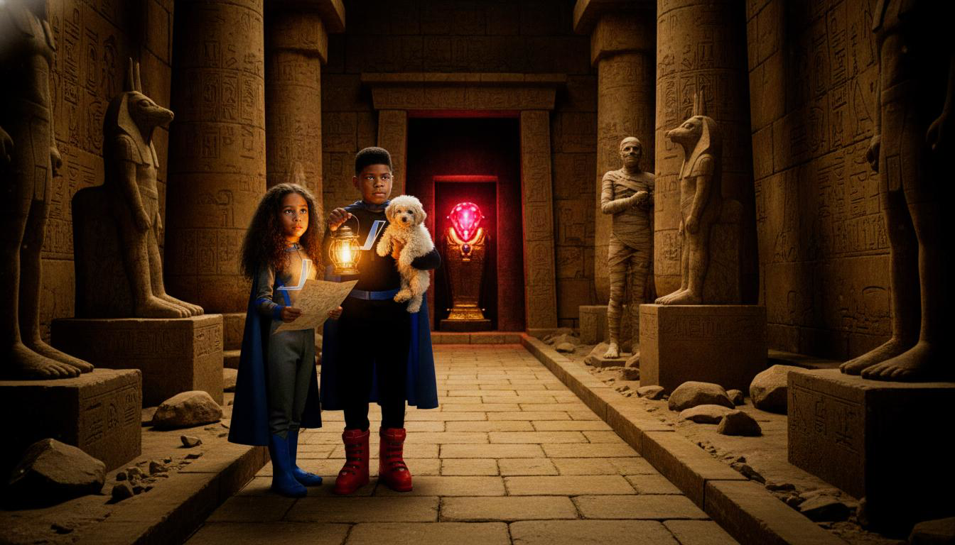 Two children, a girl and a boy, stand in an Egyptian temple with ancient statues and hieroglyphs, holding a map, a lantern, and a small dog.