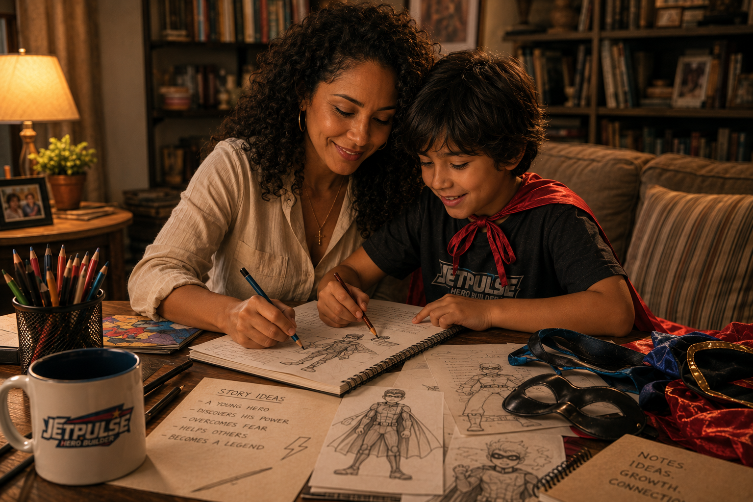 mother and son  drawing together
