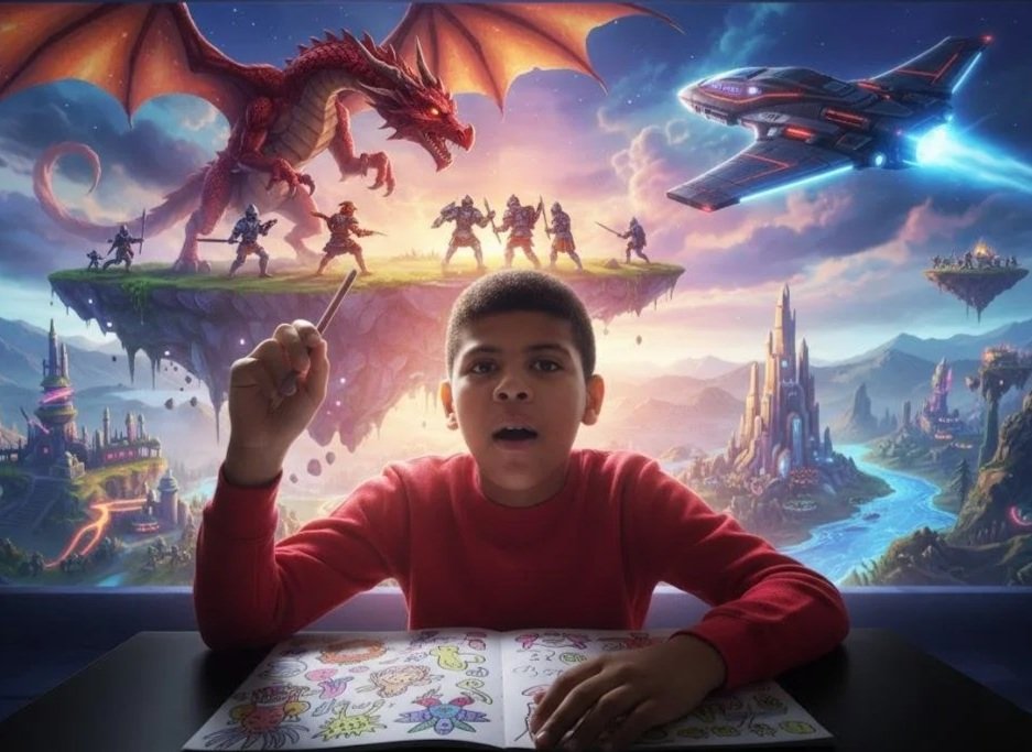 A young boy sitting at a table with a coloring book, holding a crayon, and looking surprised or curious. Behind him is a large, colorful fantasy-themed mural or digital background featuring a dragon, several armored warriors, a flying spaceship, and a magical landscape with floating islands, castles, rivers, and mountains.