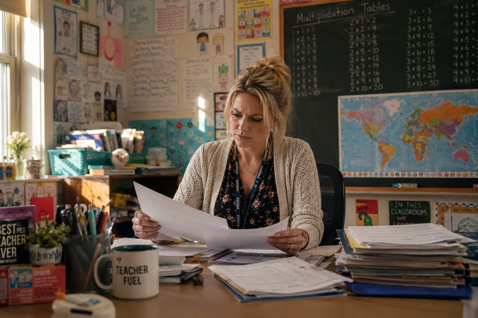 Dedicated public school teacher reviewing paperwork at her desk, representing out-of-pocket classroom expenses and clear the list supply drives in NYC.