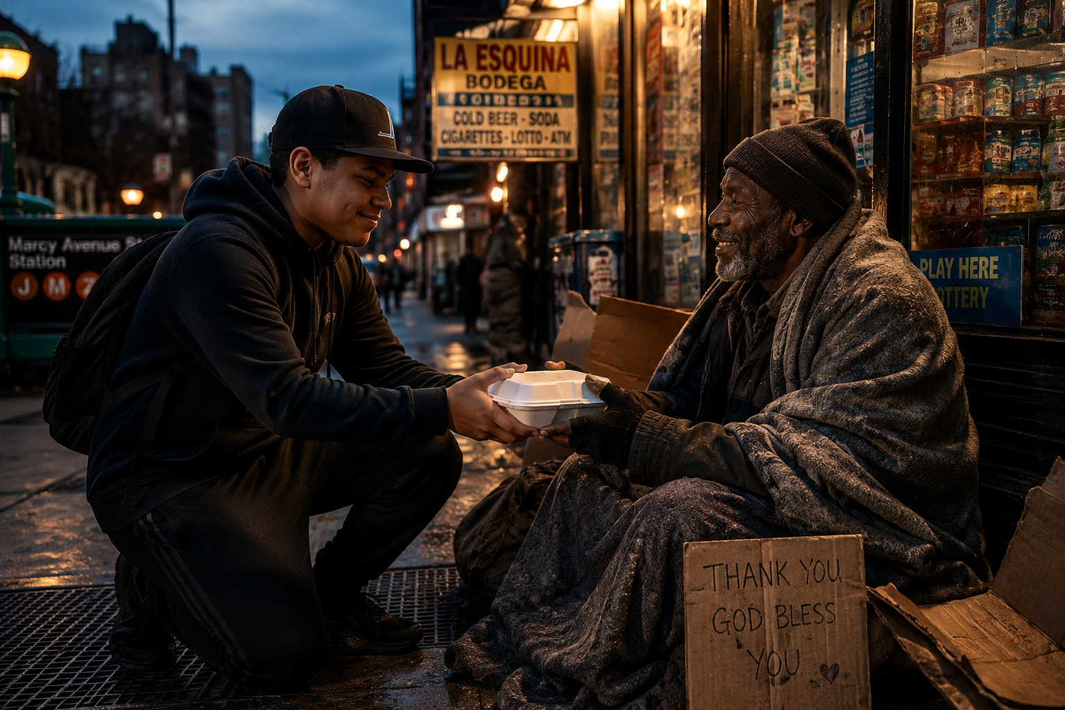 Volunteers handing a warm meal to a neighbor outside Marcy Avenue subway station in Brooklyn, representing direct grassroots mutual aid and the All for One Kindness Initiative.